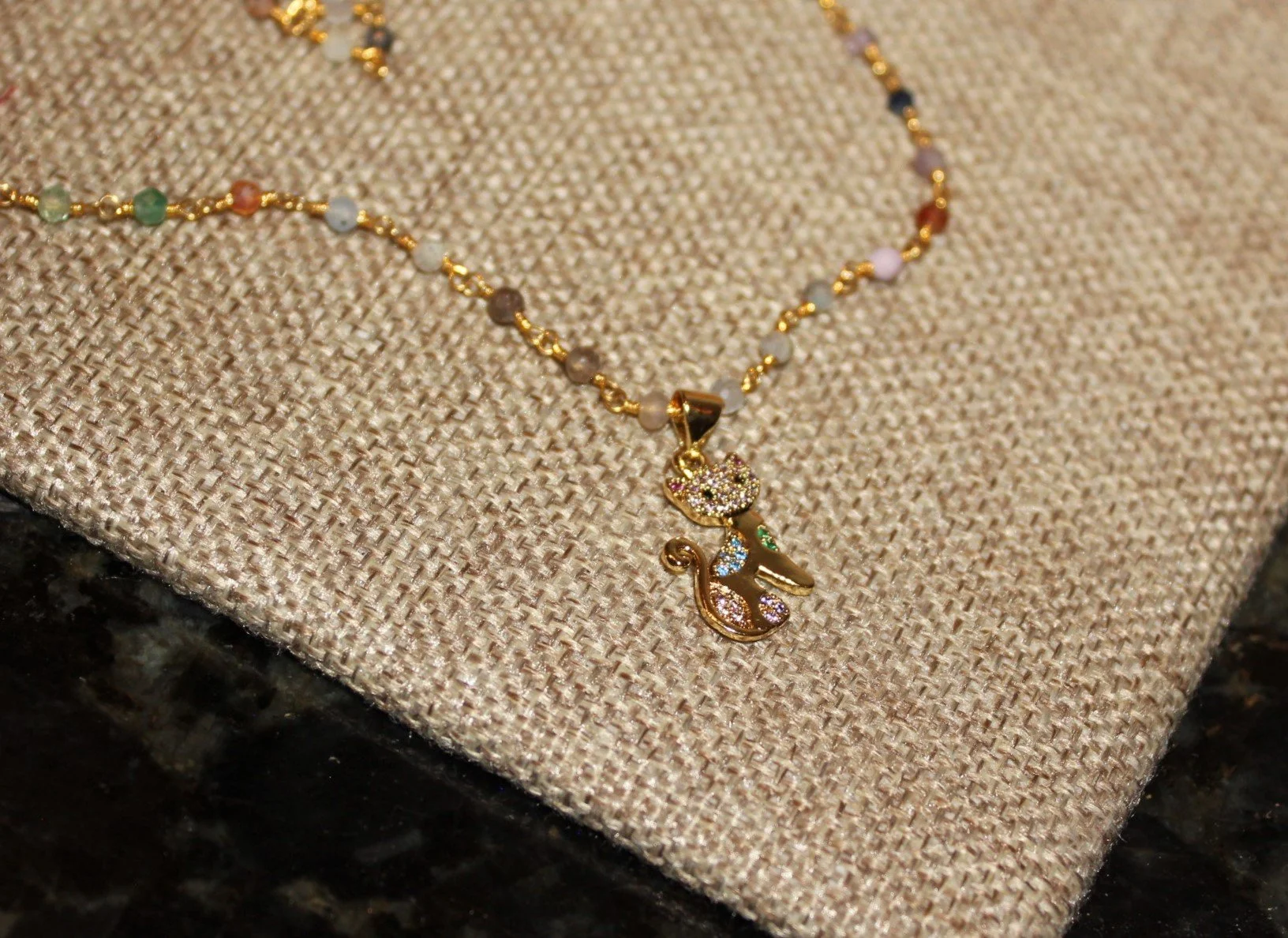 Multi Crystal Chain & Sitting Cat Necklace