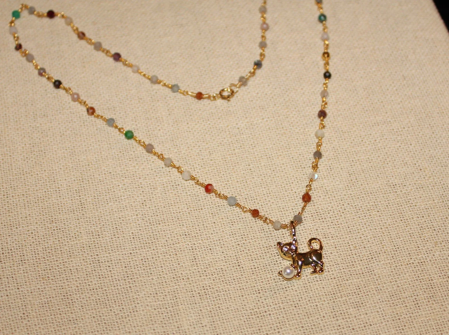 Multi Crystal Chain & Playful Gold Cat Necklace