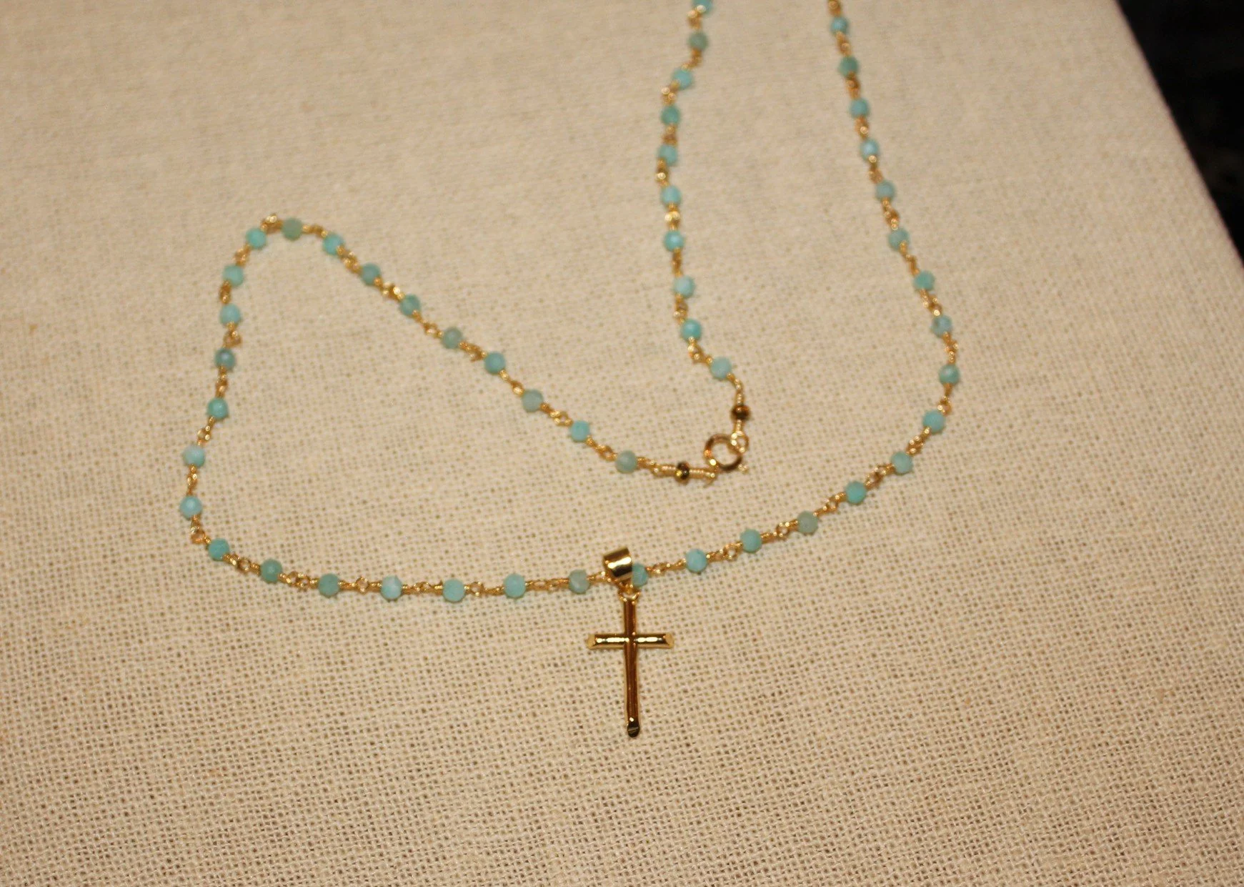 Amazonite Crystal Chain & Gold Cross Necklace