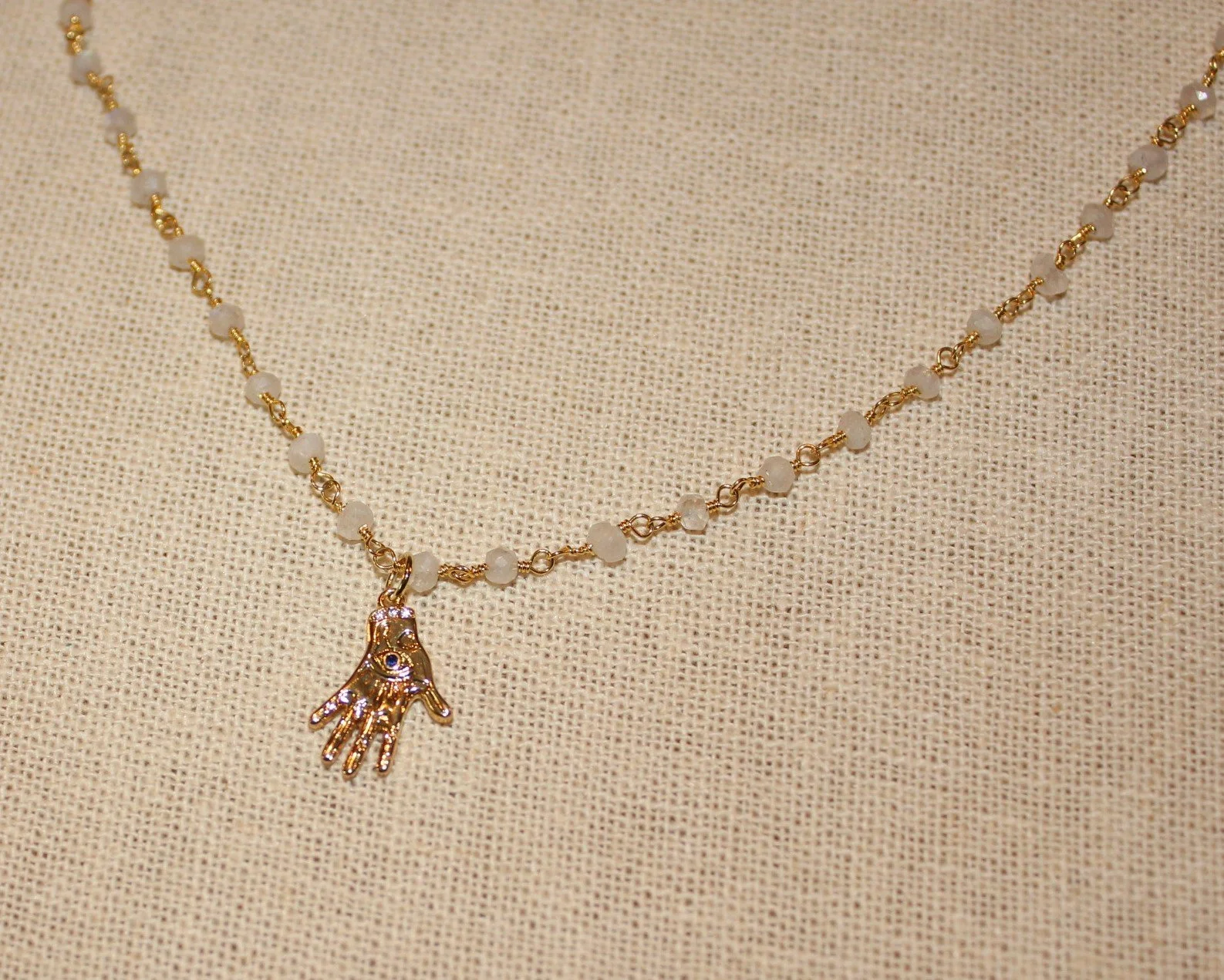 Moonstone Chain & Gold Hand  Pendant Necklace