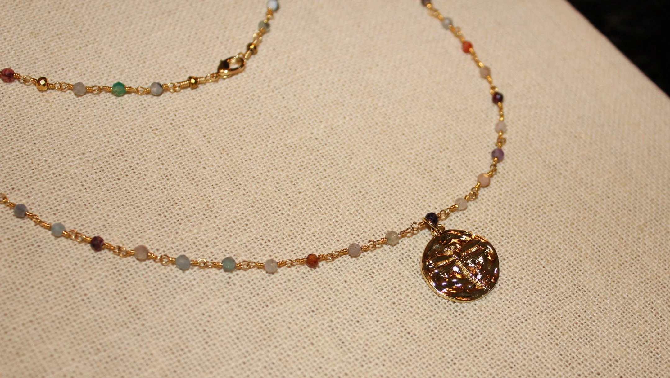 Multi Crystal Chain & Round Dragonfly Necklace