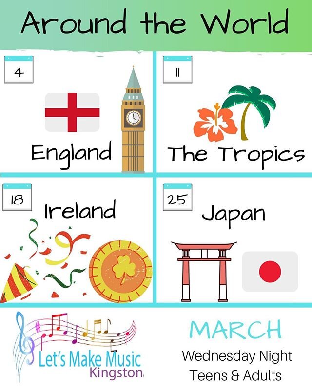 New month.. New THEME! Wednesday nights through March from 6 to 8 PM at #TheSpire! ✈️ www.LetsMakeMusic.ca
.
.
.
#LetsMakeMusic #WorldMusic #GroupProgramming #AdultMusicProgramming #SpecialNeeds #CommunityService #YGK