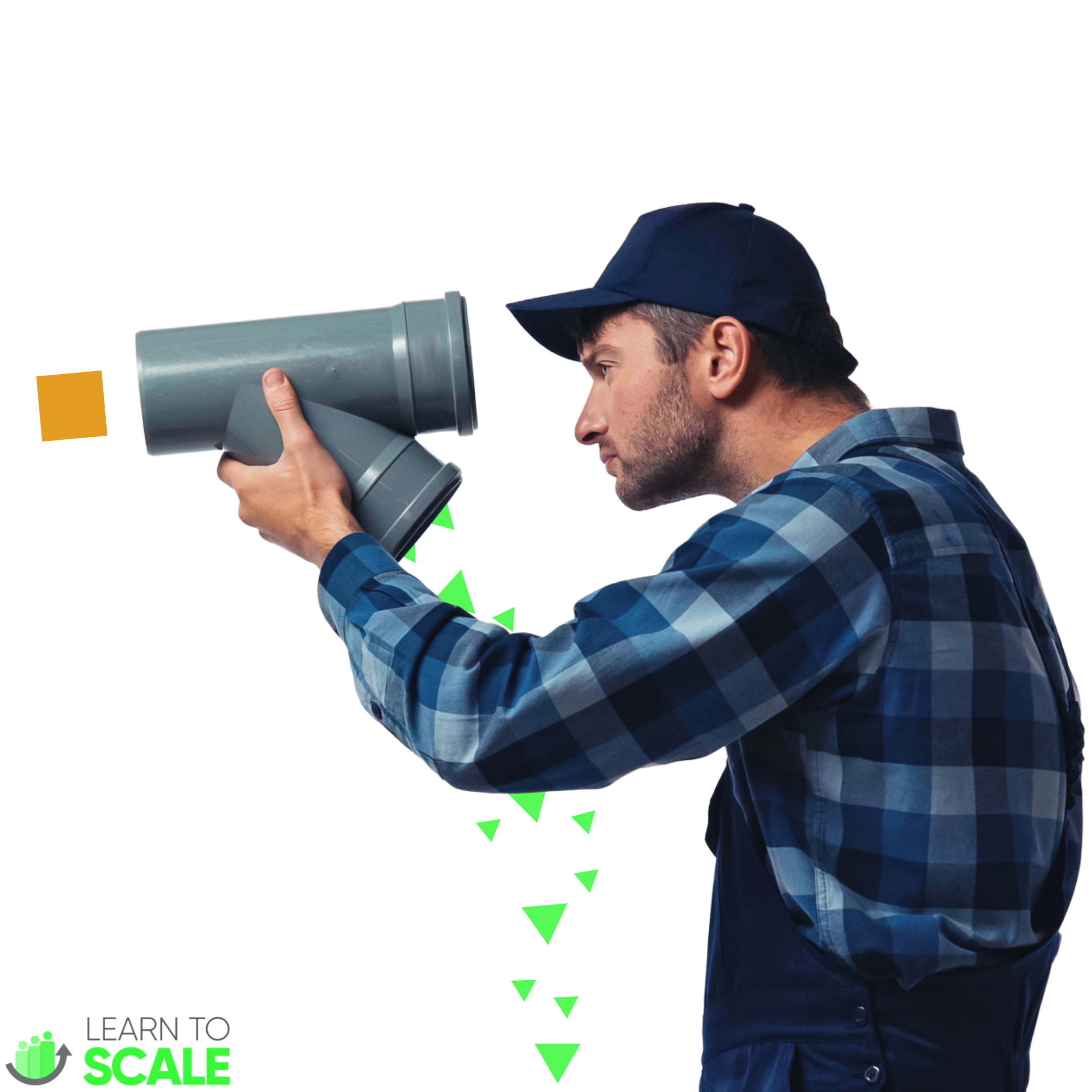man in plumber attire peering through a pipe at a yellow square, not seeing green arrows tumbling out of a fork in the pipe