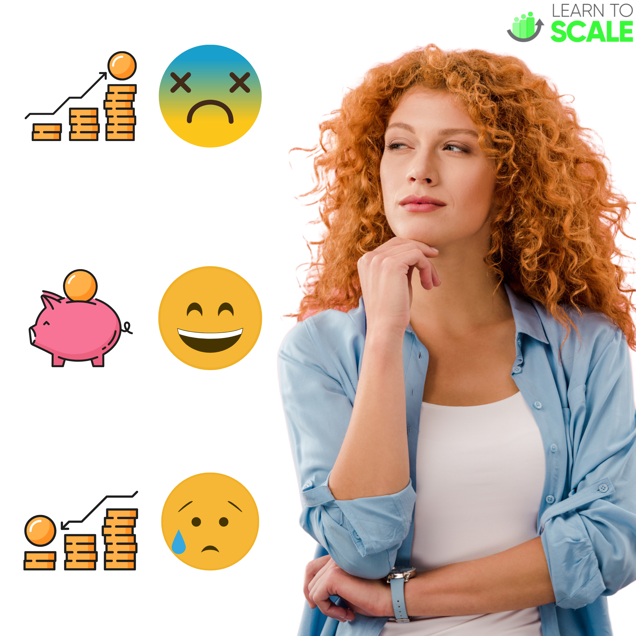 woman with red hair trying to decide between high revenue, low revenue, or just right revenue