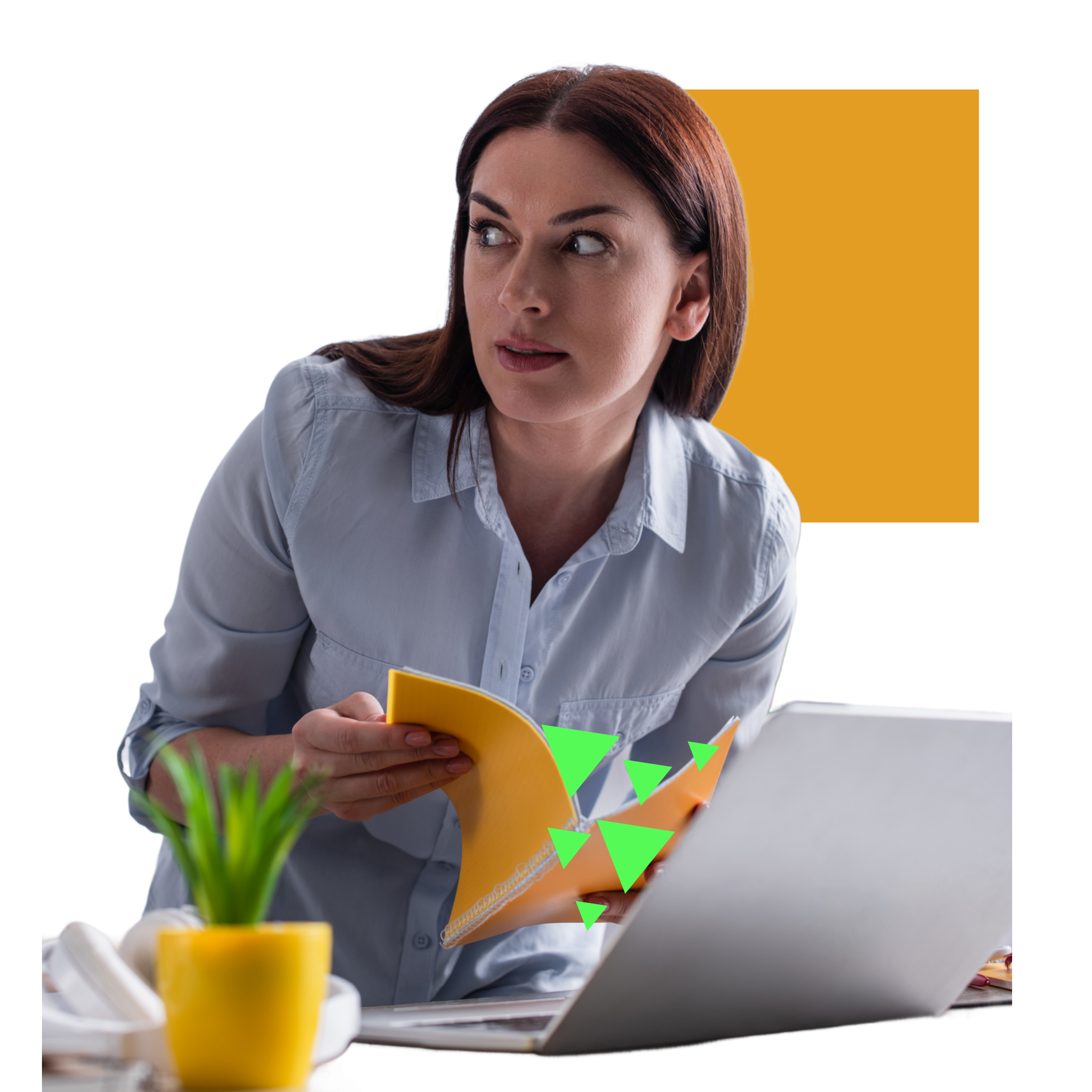 A woman hovers secretly over her laptop, looking over her shoulder, as green triangle shoot from the screen