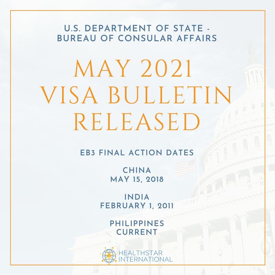 The Visa Bulletin for May 2021 has been released. The full bulletin can be found here: https://bit.ly/3aMgWFC. ⠀
⠀
#hrstrategies #humanresourcestrategies #workforce #talentpipeline⠀
#recruitment #workforcerecruitment #internationalrecruitment #overse