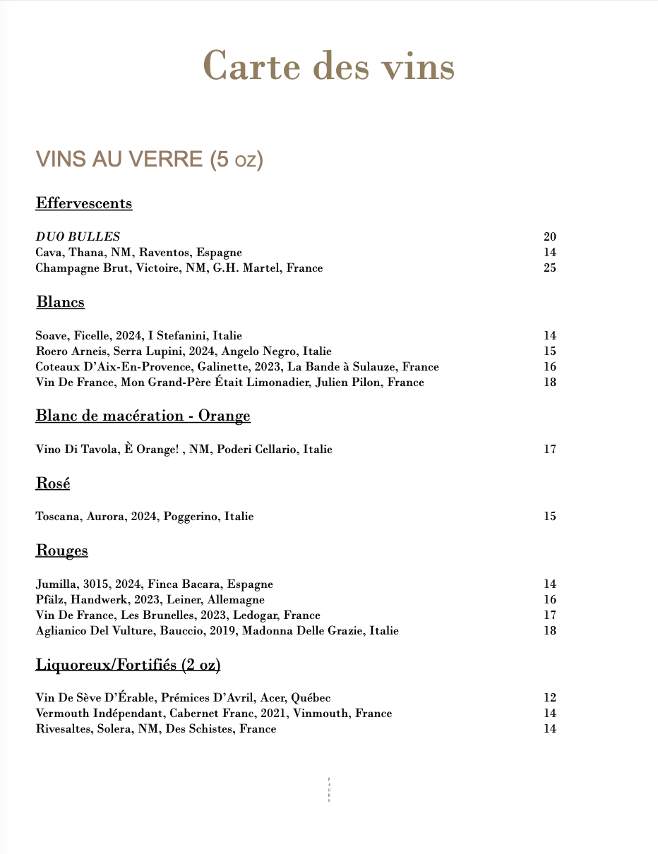 carte des vins - vins au verre