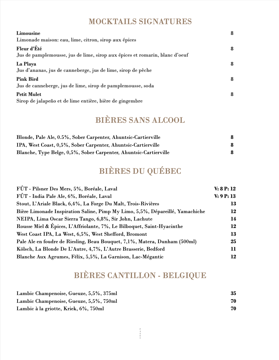 Carte des mocktails signatures