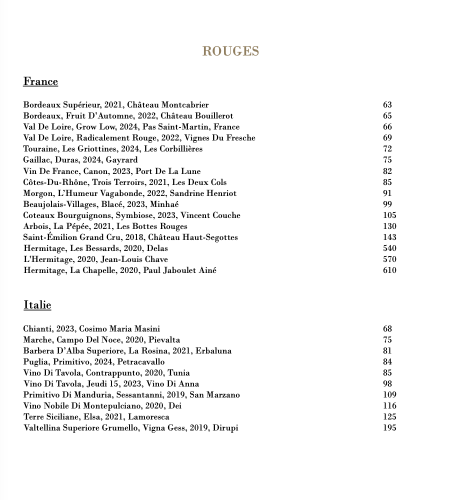Carte des vins - Rouges