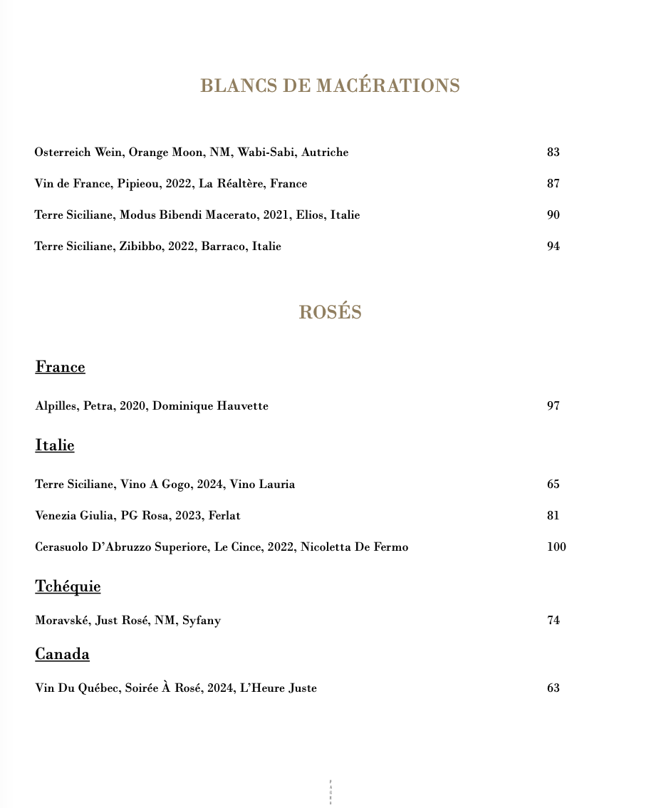 Carte des vins - blancs de macérations et rosés