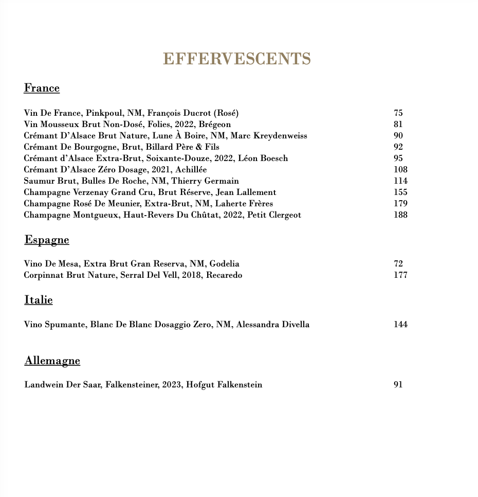 carte des vins - effervescents