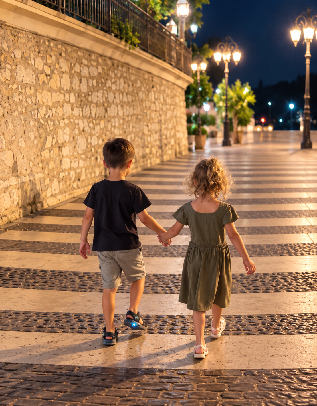 Cousins and friends exploring cobblestone streets