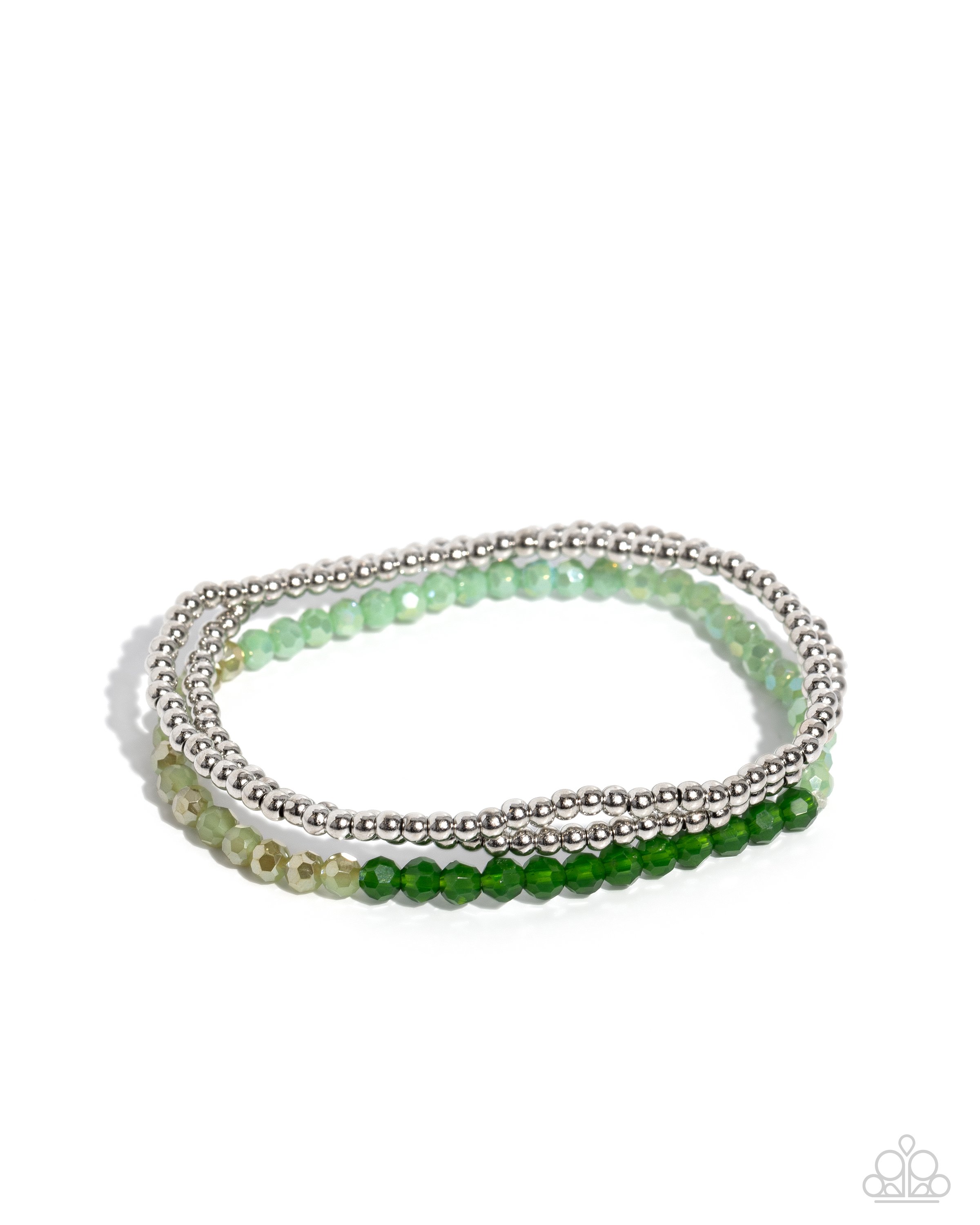Backstage Beading-Stretchy Glassy Green, Green Gold-Flecked Crystal-Like Beads & Silver Colored Bracelet