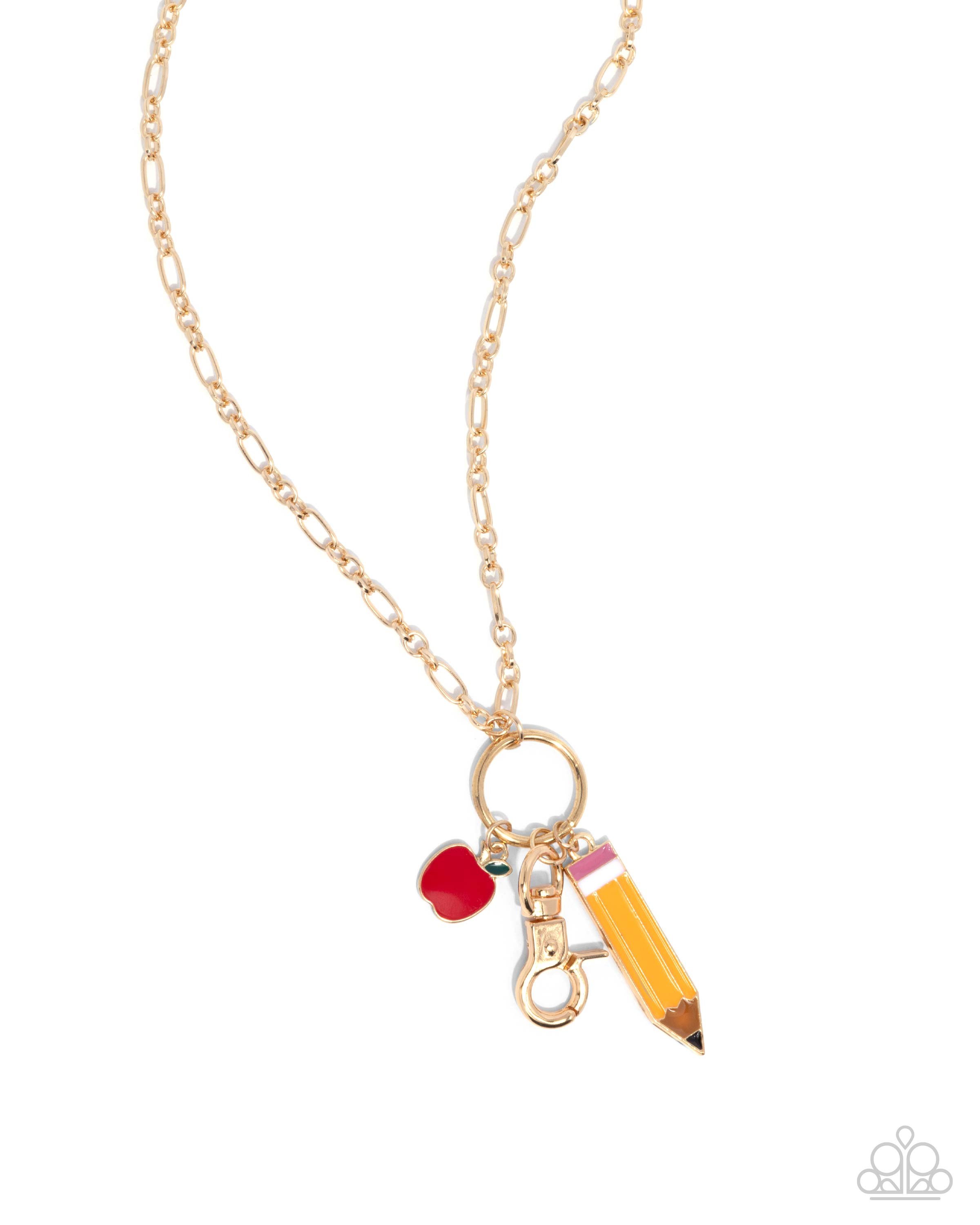 First Day of School-Red Apple and Yellow Pencil Charm Styled, Gold Colored Lanyard with Gold Colored Chain Earrings
