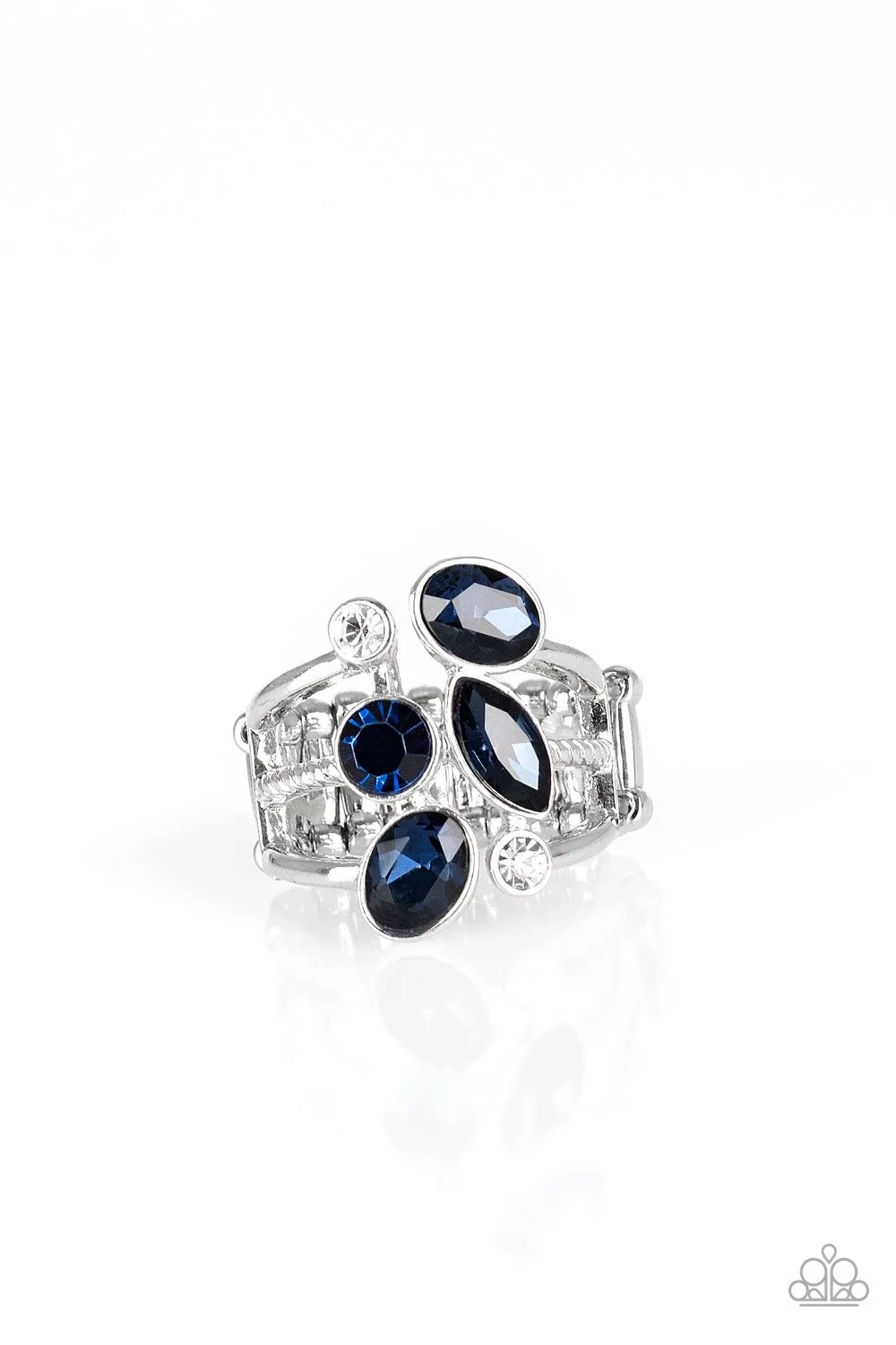 Metro Mingle-Blue and White Rhinestone, Silver Colored Ring