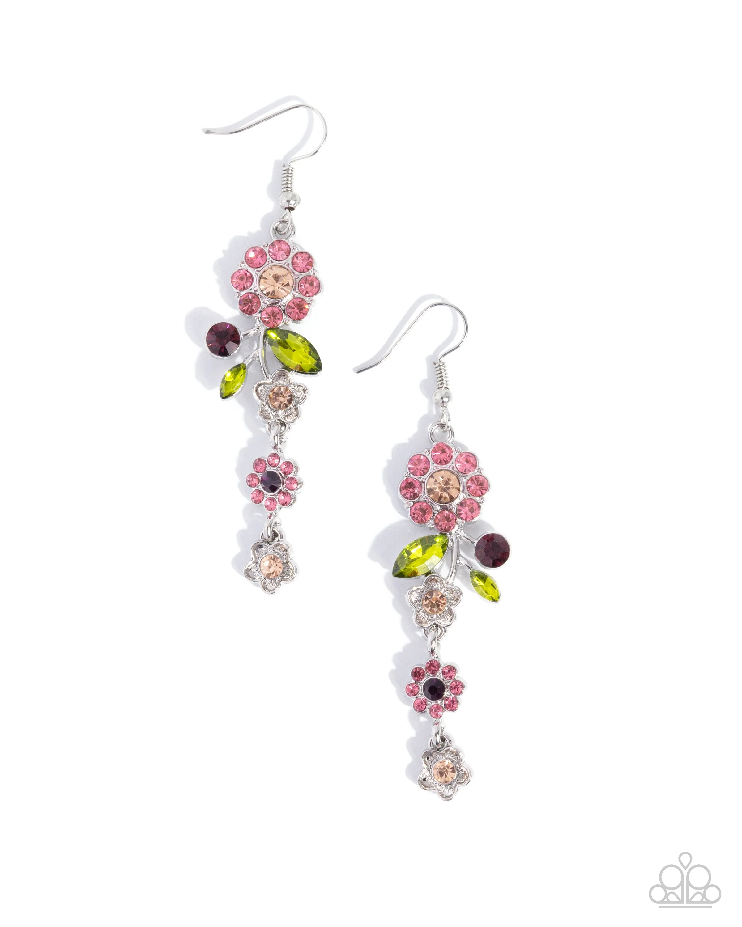Better Bouquet-Pink, Multicolored Rhinestone Floral, Silver Colored Earrings
