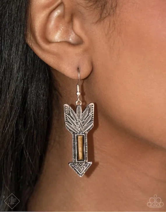 elemental exhibit brown and silver arrow earrings model FF.jpg