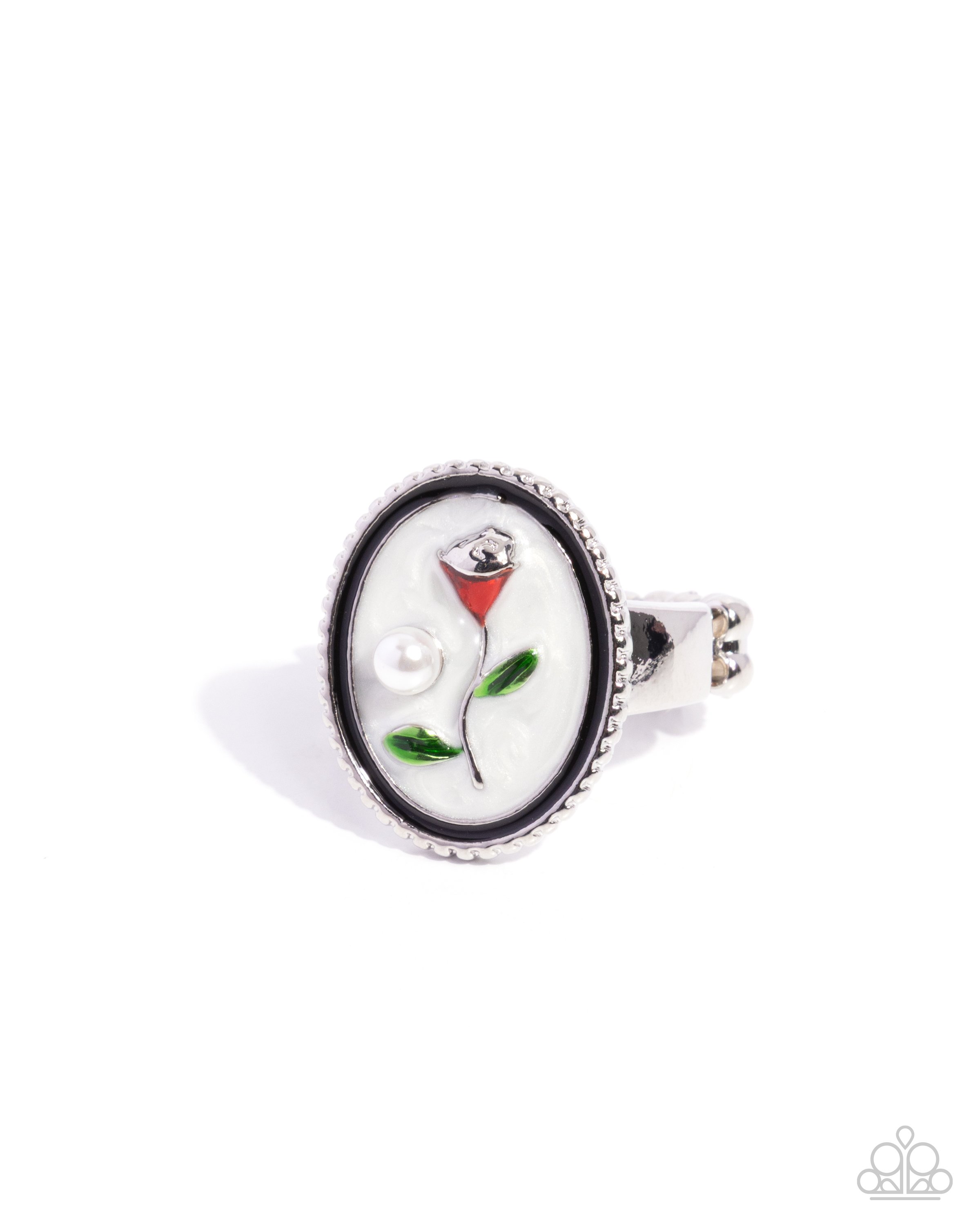 Victorian Wonder-Red & Green Painted Tulip with White Pearly Painted Backdrop, Silver Colored Ring