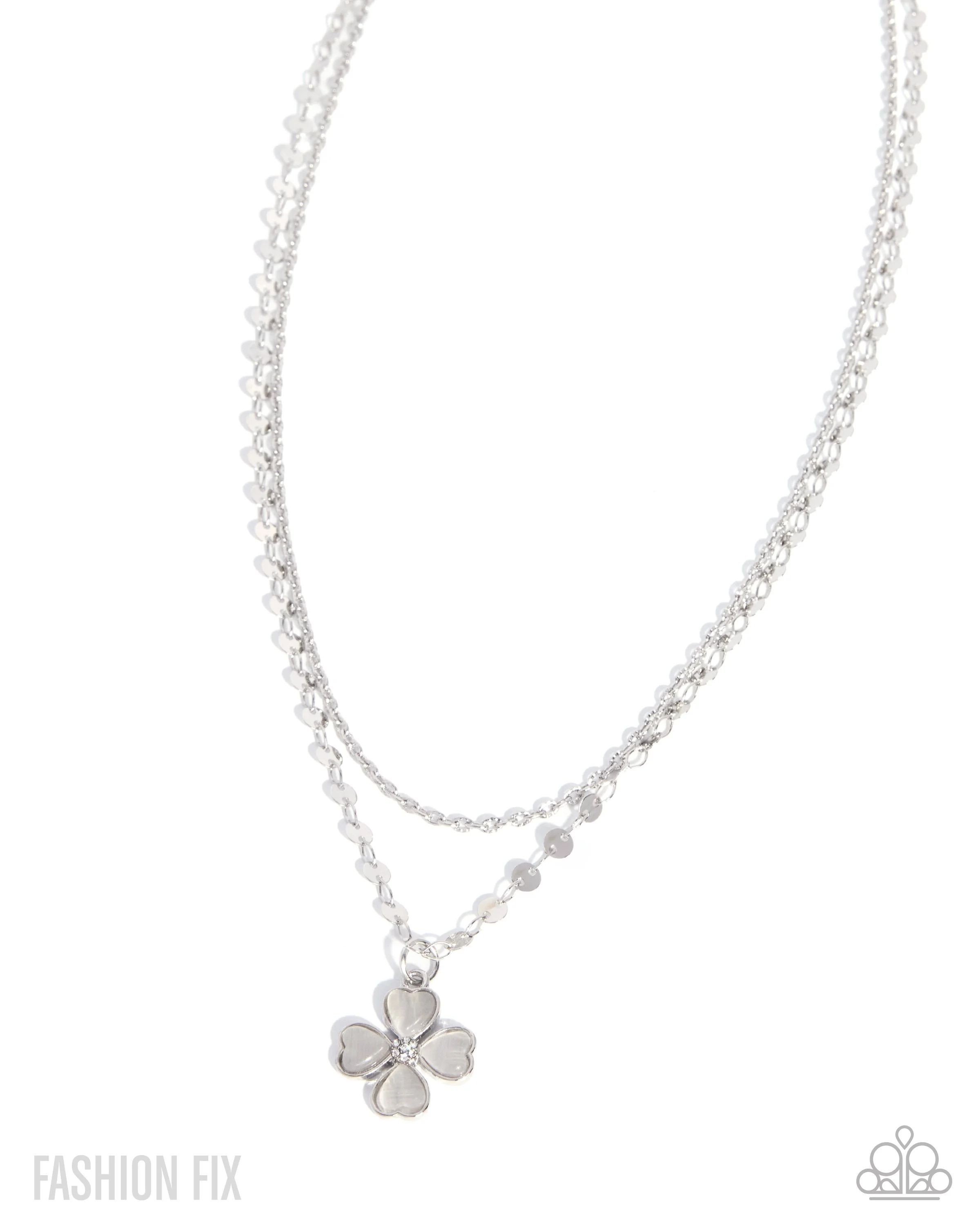 Feminine Flower-White Cat's Eye Stone & White Rhinestone, Clover Styled, Silver Colored Necklace and Earring Set