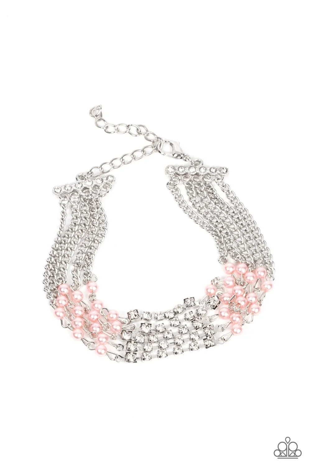 Experienced In Elegance-Pink Pearl and White Rhinestone Silver Bracelet with Clasp Closure