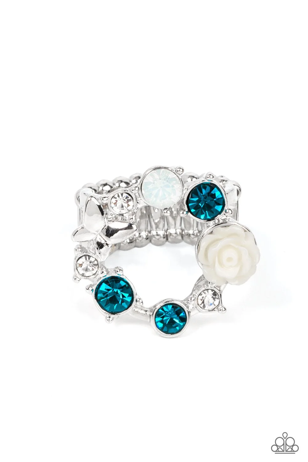 Butterfly Bustle-Aqua Blue and White Rhinestone and Opalescent Rhinestone Ring with Silver Colored Butterfly and White Rose Resin Accent