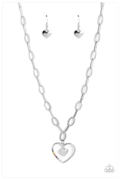 Refulgent Romance-Multi Heart Shaped with Dainty Rhinestones, Silver Colored Necklace and Earring Set