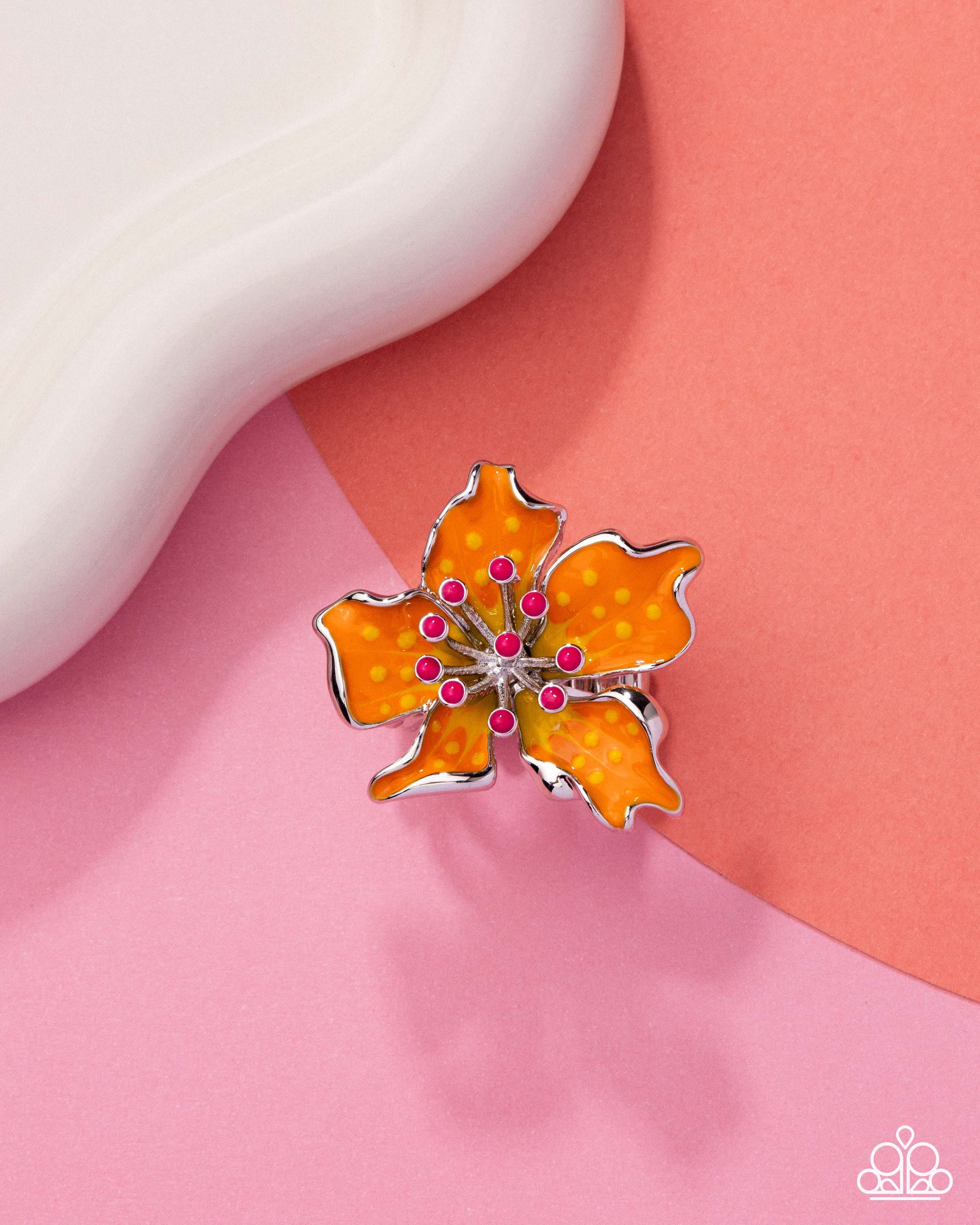 Fast Florals-Vibrant Orange Painte Flower with Pink Painted Polka Dots, Glossy Petaled, Silver Colored Ring