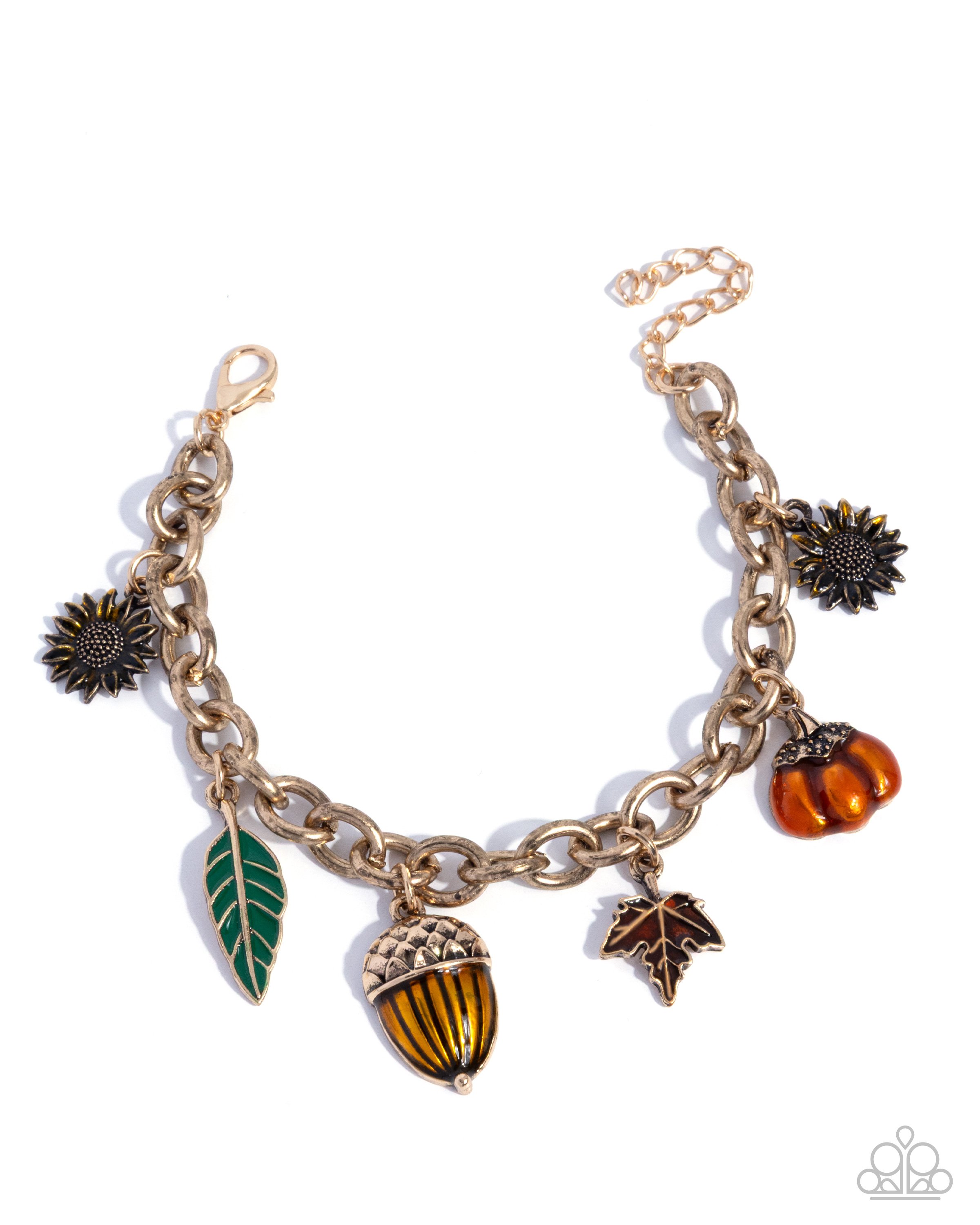 Autumnal Advance-Antiqued Gold Colored Charm Styled Bracelet with Sunflower, Leaf, Orange Pumpkin, Yellow Acorn, & Brown Maple Leaf with Clasp Closure and Extender