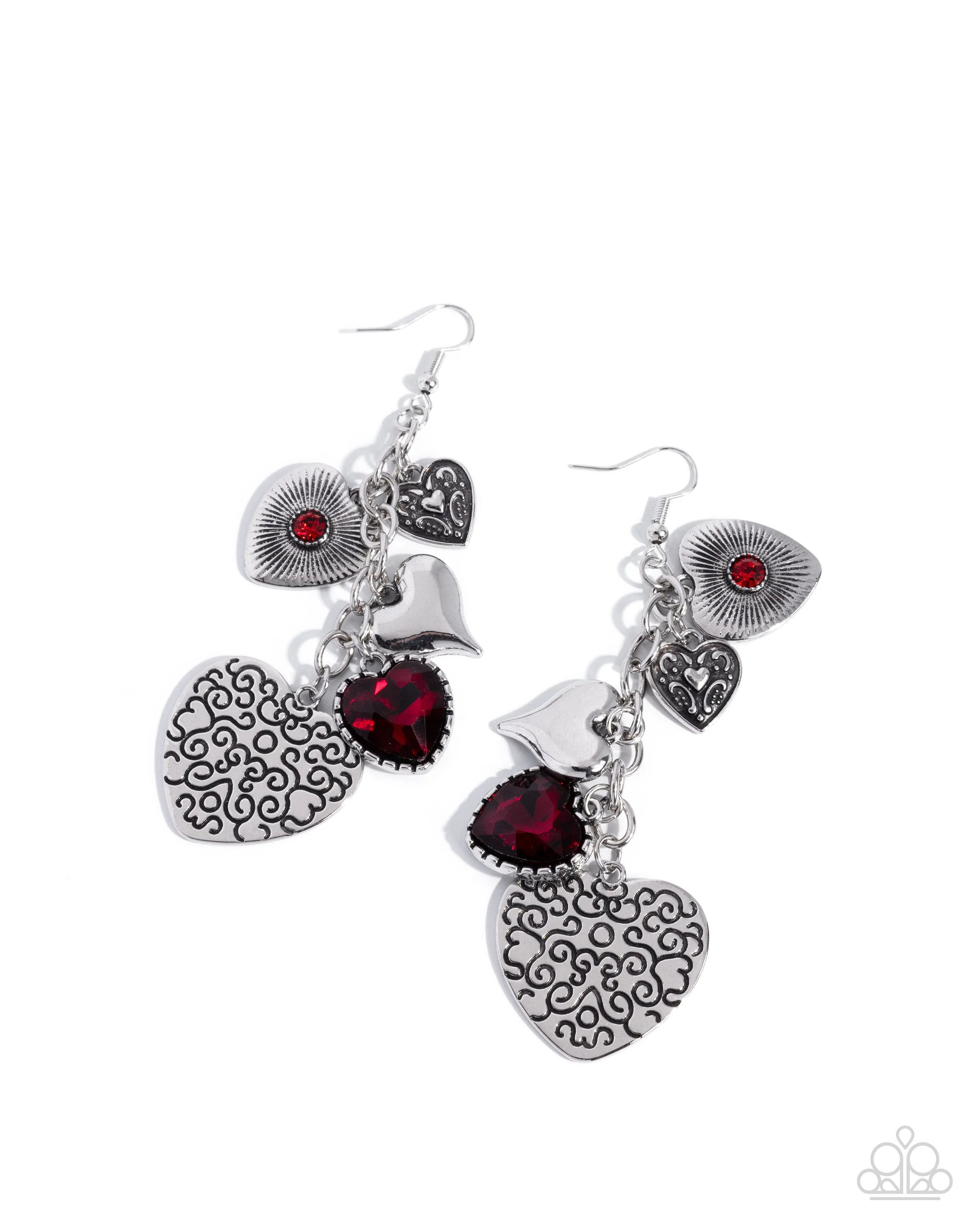 Courting Favor-Clustered Red Rhinestone, Silver Colored, Vintage Styled Heart-Shaped Earrings