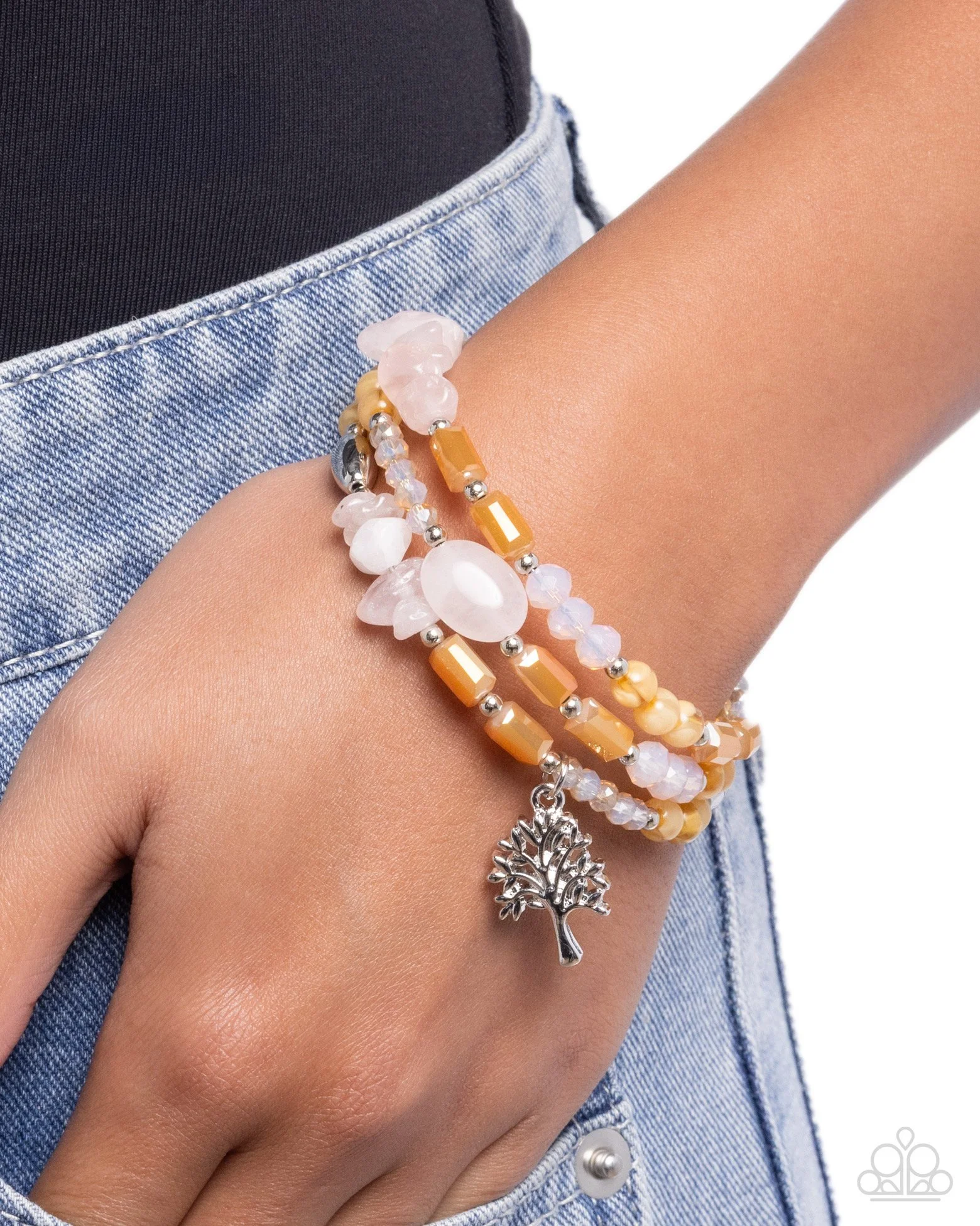 Capricious Collision-Stretchy Silver Colored Tree Themed Charm, Peach Colored Bracelet