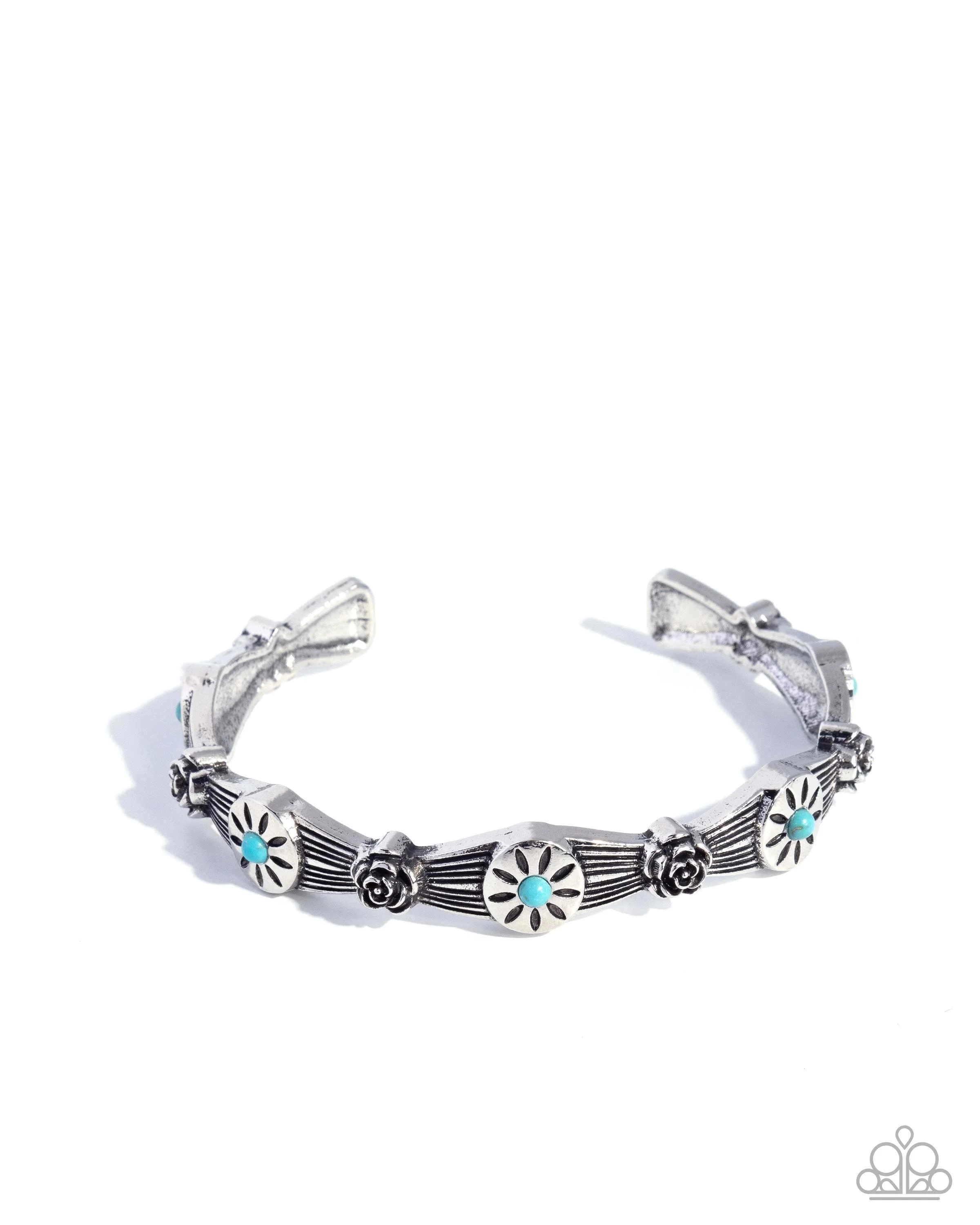 Twisted Tabloid-Turquoise, Silver Colored Sunburst and Rose Shaped, Silver Colored Cuff Bracelet