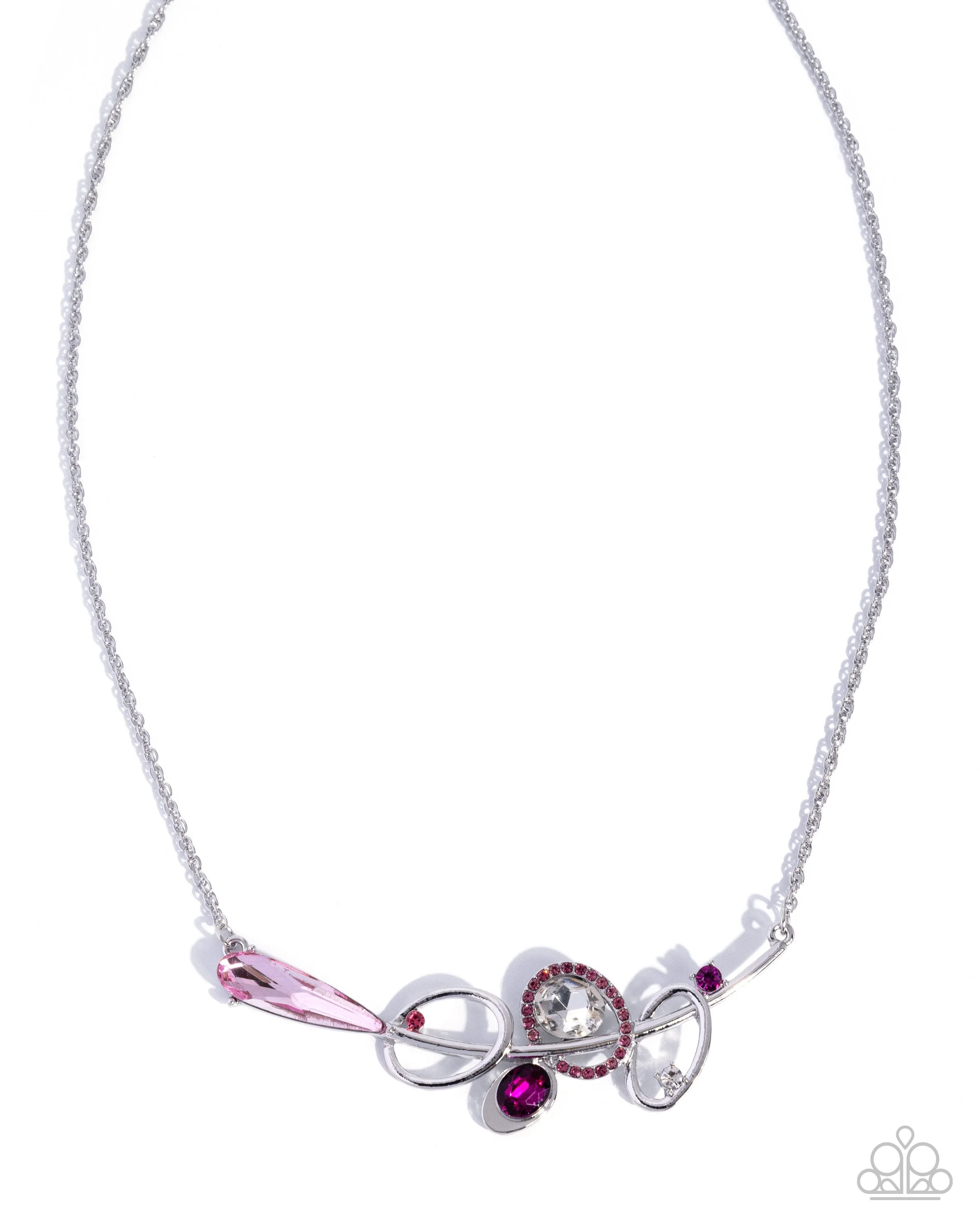 Chic Composition-Multicolored Pink and White Rhinestone Artistically Styled, Silver Colored Necklace and Earring Set