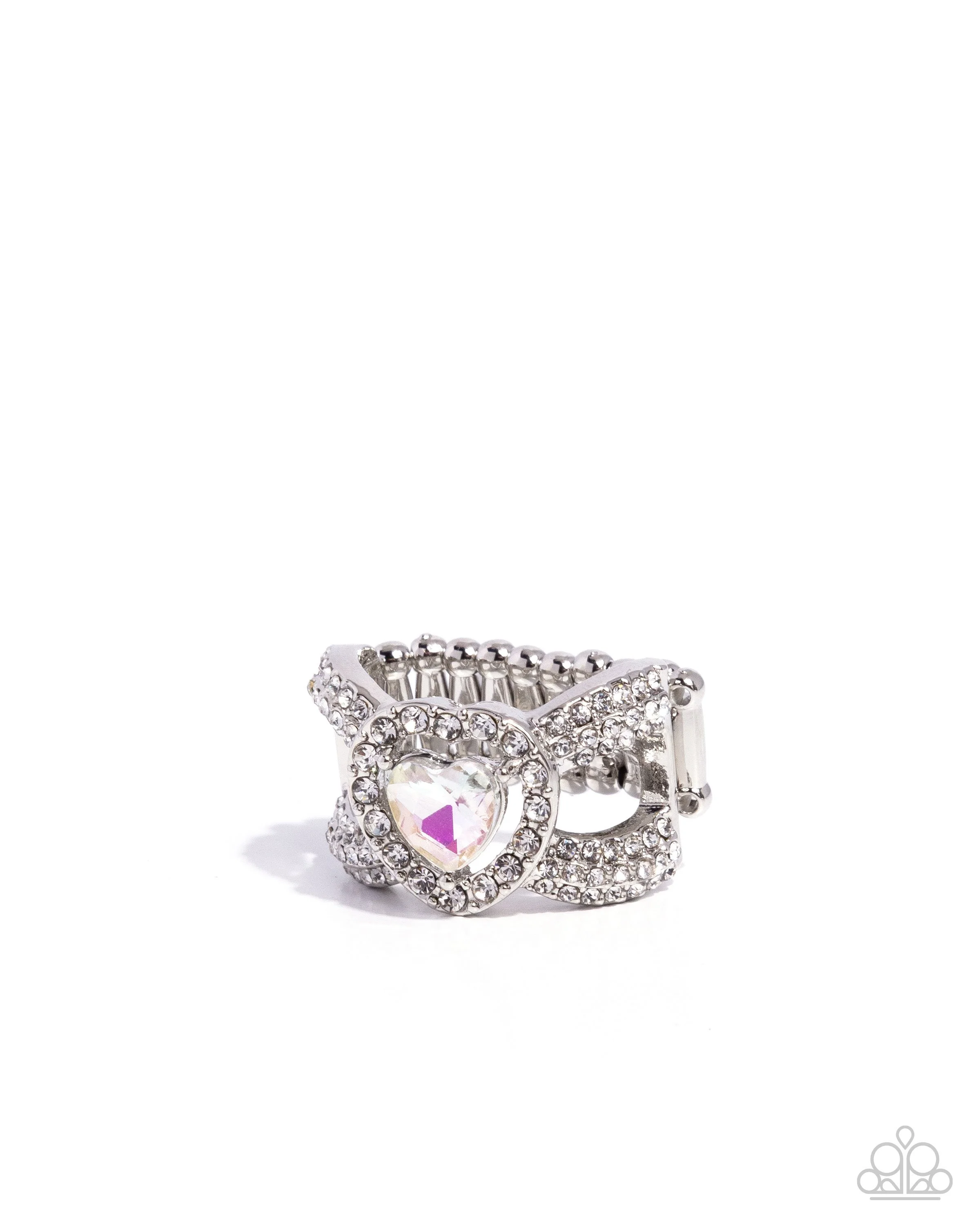 Lovely Levels-Iridescent White Rhinestone, Heart-Shaped, Silver Colored Ring with White Rhinestone Accents