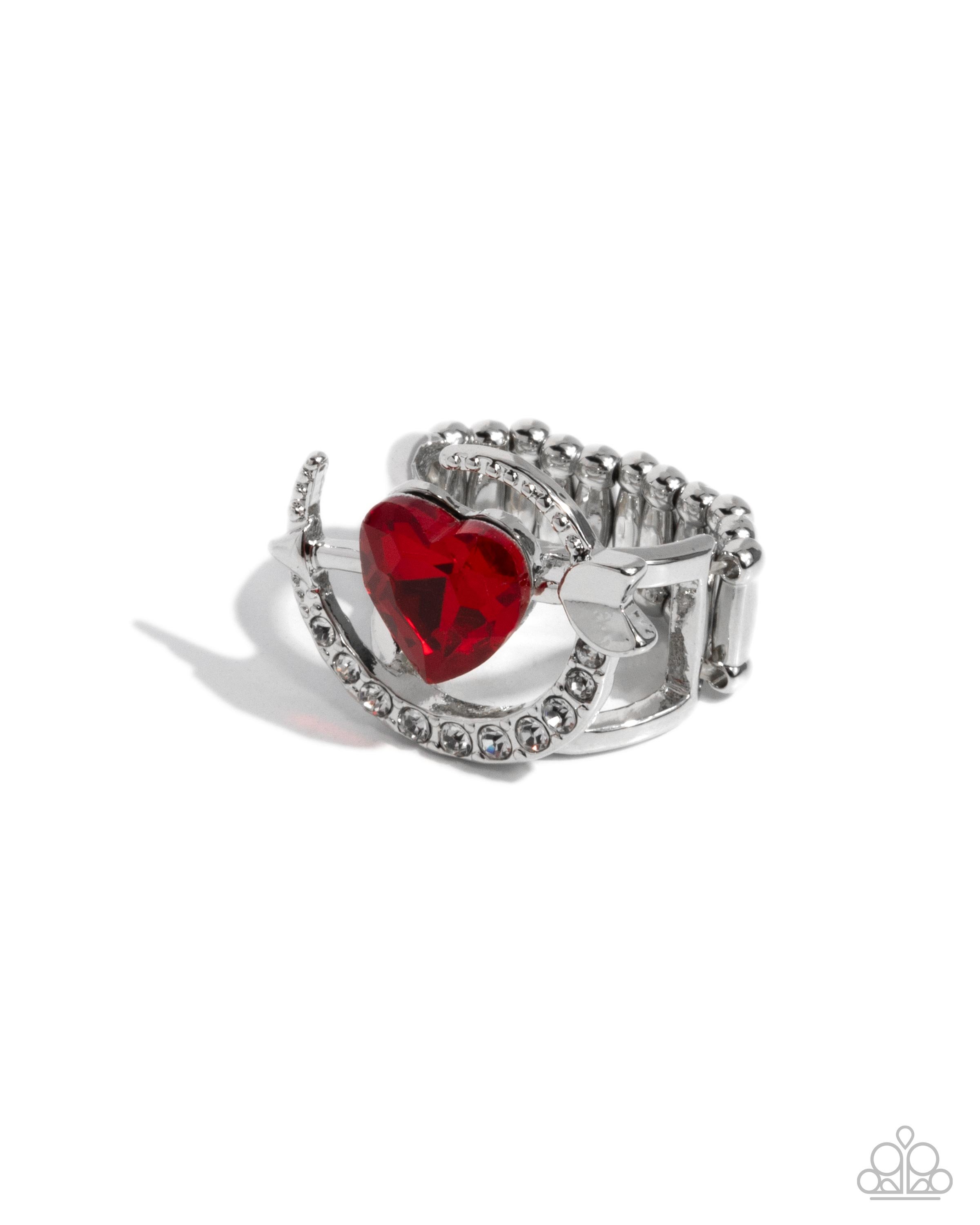 Cupid Couple-Red Rhinestone, Heart-Shaped Ring with White Rhinestone Accents, Silver Colored Ring