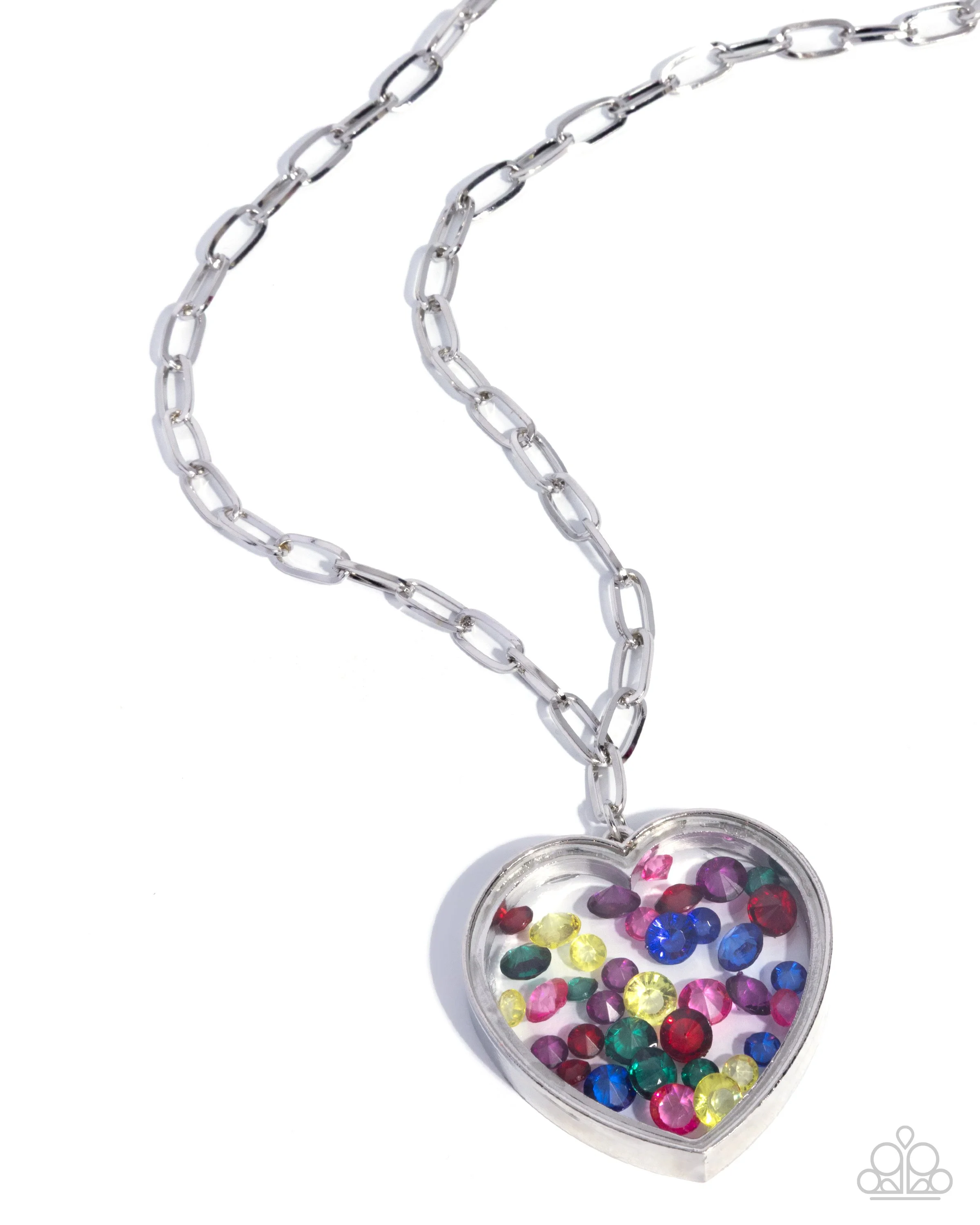 Cupid Collection-Multicolored Rhinestone, Silver Colored, Heart-Shaped Necklace and Earring Set