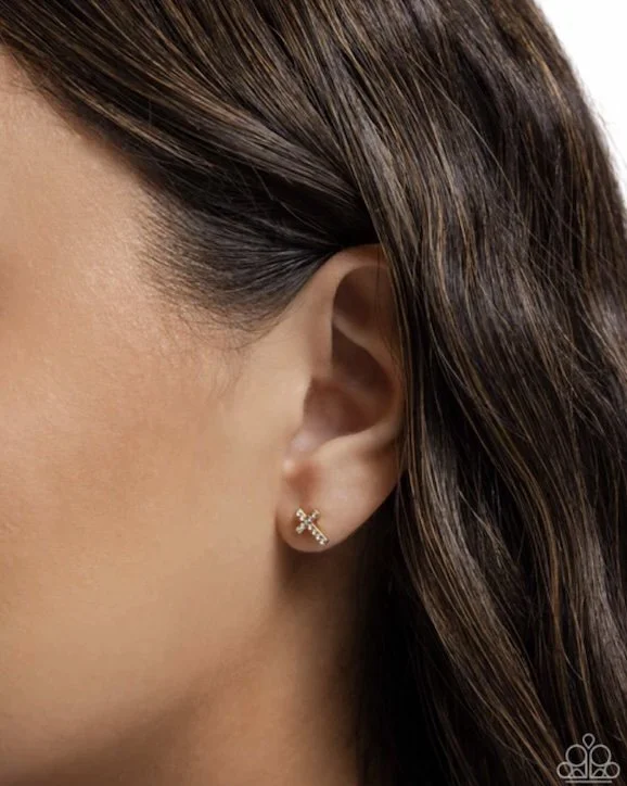 Sacred Shimmer-gold colored cross post-back earrings model CP.jpg