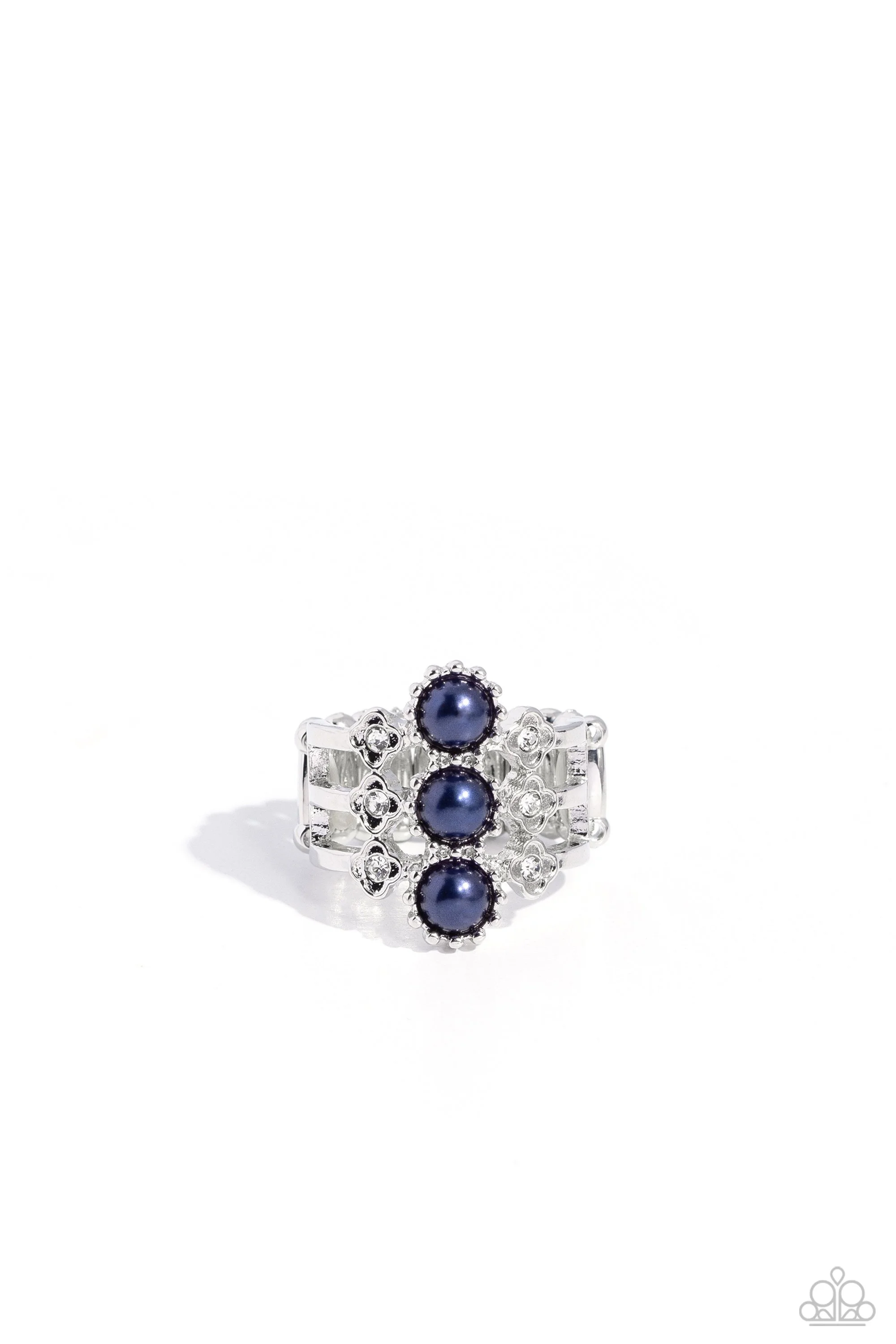 Layered Light-Glossy Montana Blue Pearls and White Rhinestone, Silver Colored Floral Ring
