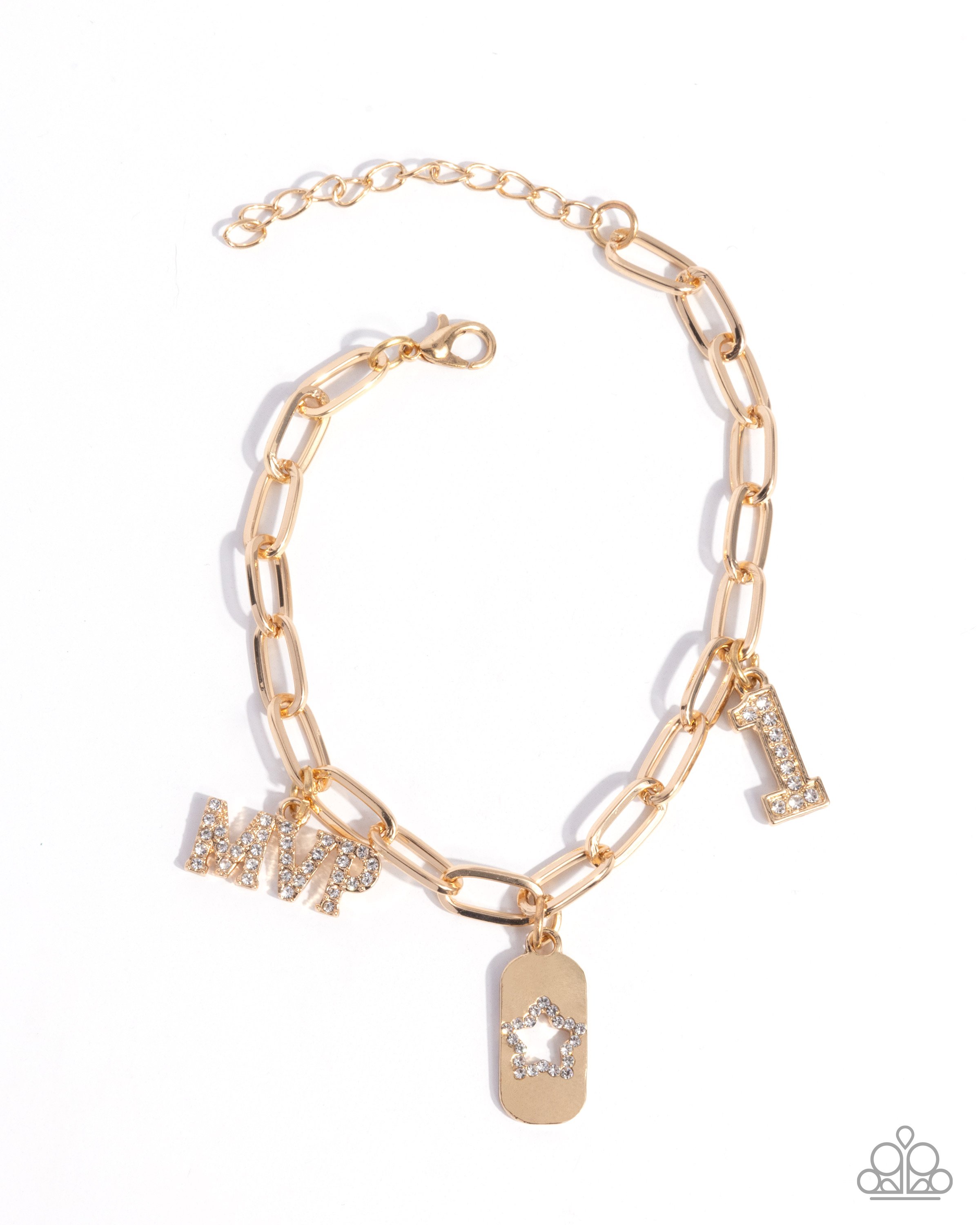MVP Moment- Sports Inspired (#1 White Rhinestone Symbol, MVP, and Star Shaped, Gold Colored White Rhinestone Charm Links) Gold Colored Paperclip Chain Bracelet with a Clasp Closure & Extender