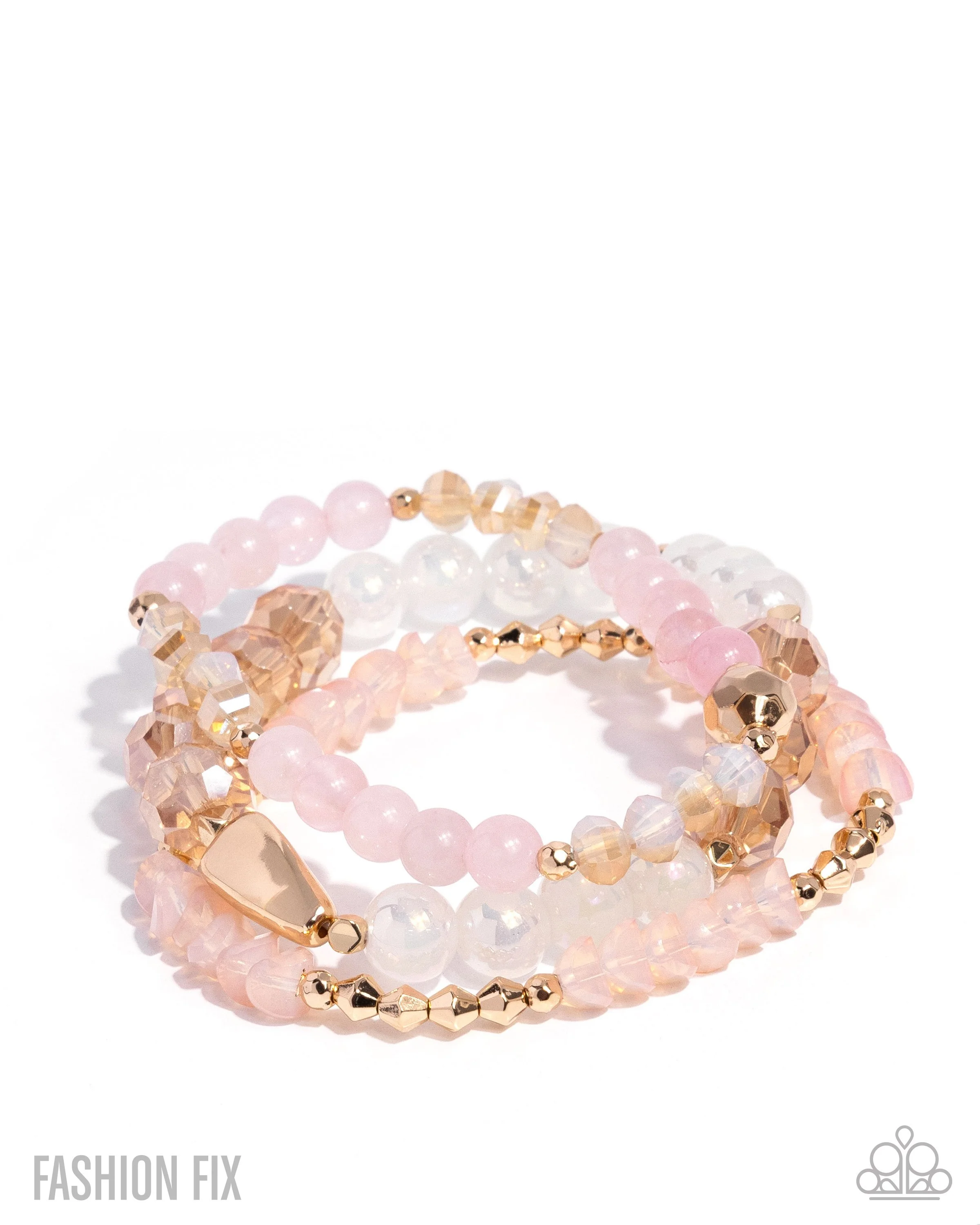 Proper Play-Stretchy Pink and Iridescent Ivory Colored Beaded, Gold Colored Bracelet