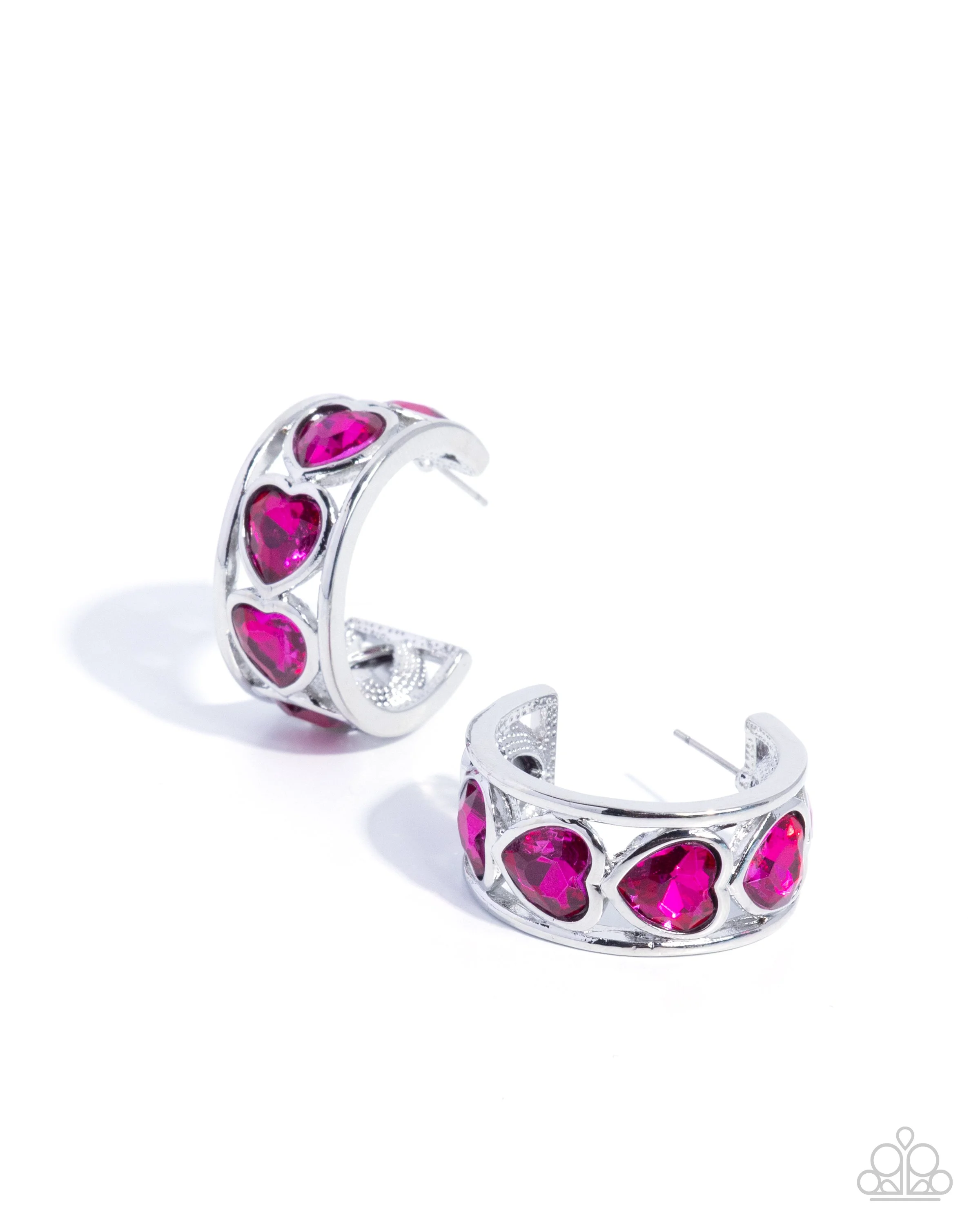 Heartfelt Homage-Pink Rhinestone, Heart-Shaped, Silver Colored, Post-Back Hoop Earrings
