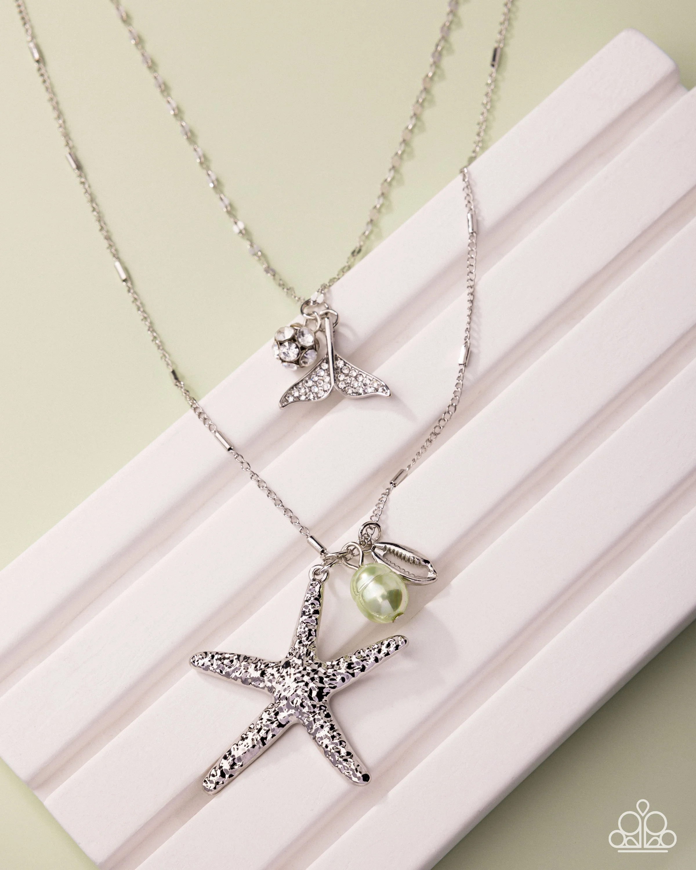 Coral Class-White Rhinestone, Starfish, Multi-Chained, Silver Colored Necklace and Lime Cream Green Pearl Earrings Set