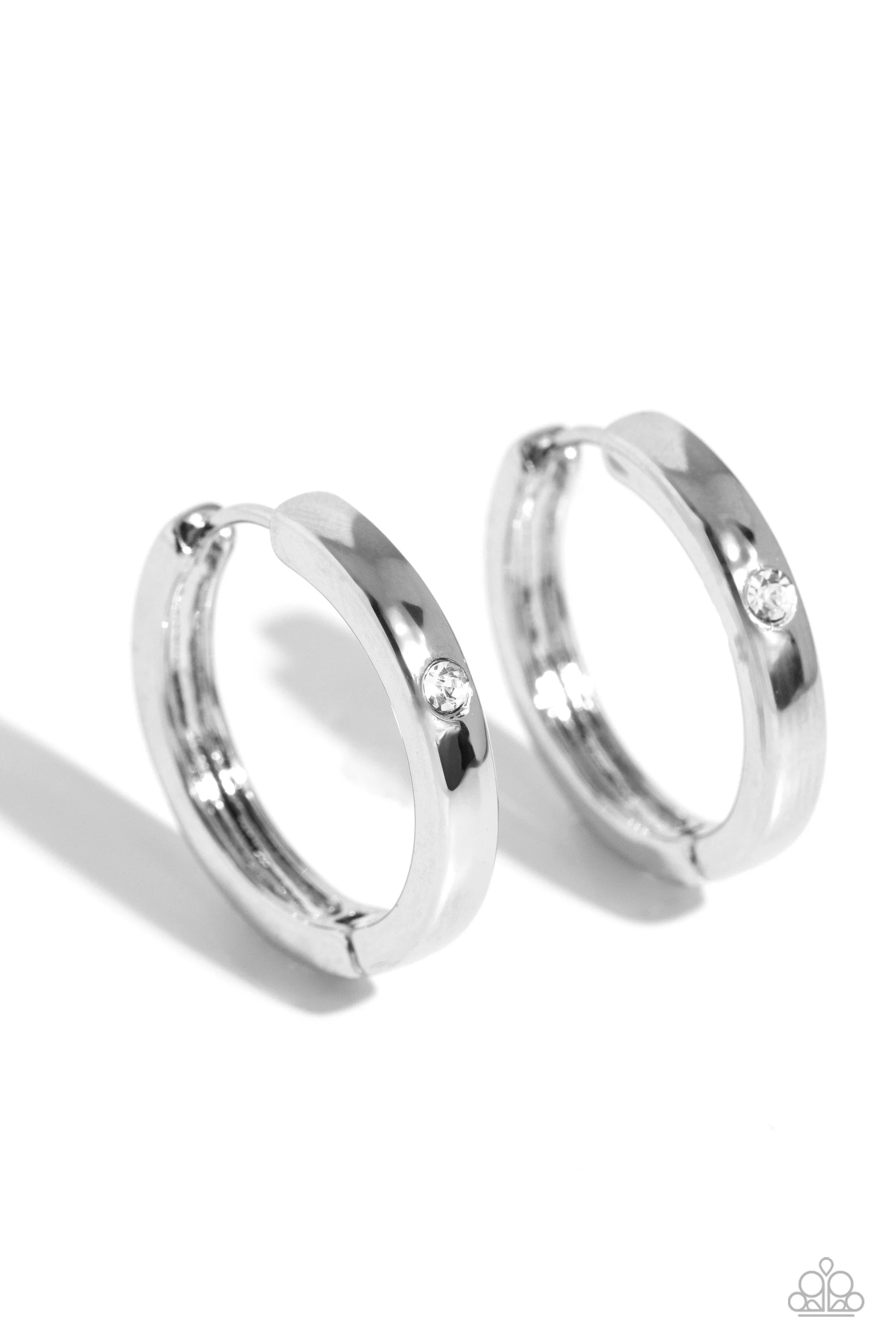 A-Lister Attention-Solitaire White Rhinestone, Silver Colored Hoop (Diameter  of 3/4") Hinge Closure Earrings