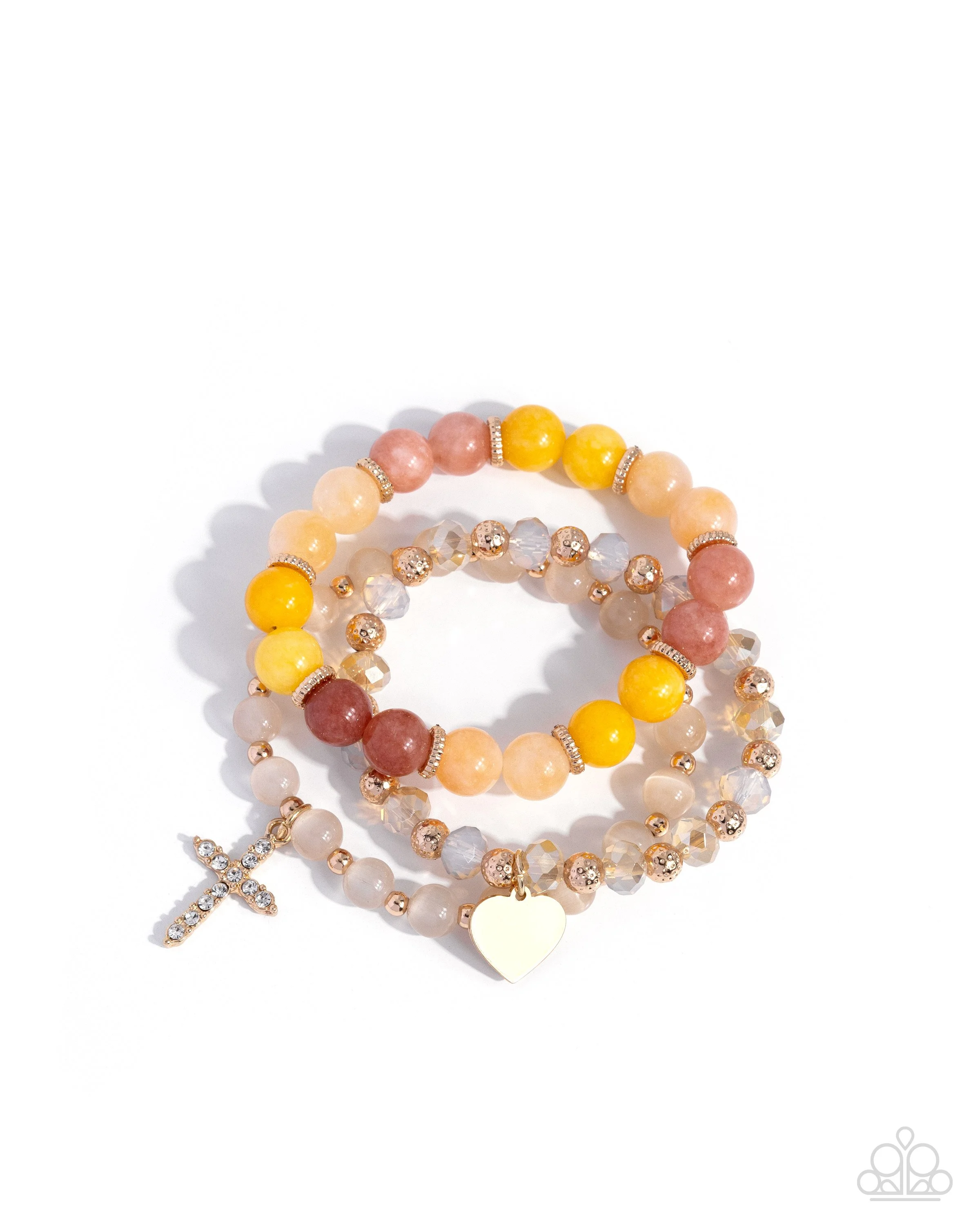 Divine Delight-Stretchy Yellow, Multicolored Bracelet with White Rhinestone, Cross Shaped Bracelet