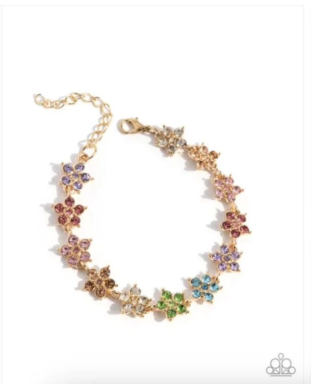 Floral Flatland-Multicolored Rhinestone, Floral Gold Colored Bracelet with Clasp Closure and Extender