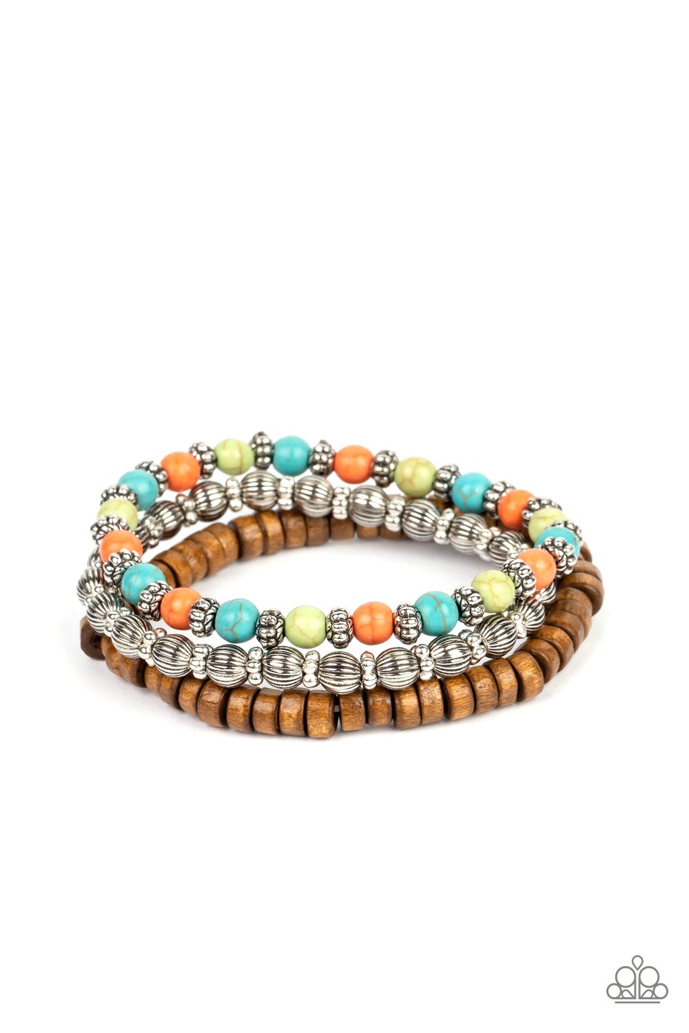 Escapade Route-Multicolored Stone Beads, Wooden Beads, and Silver Antiqued Flower Beaded Stretchy Bracelet Set