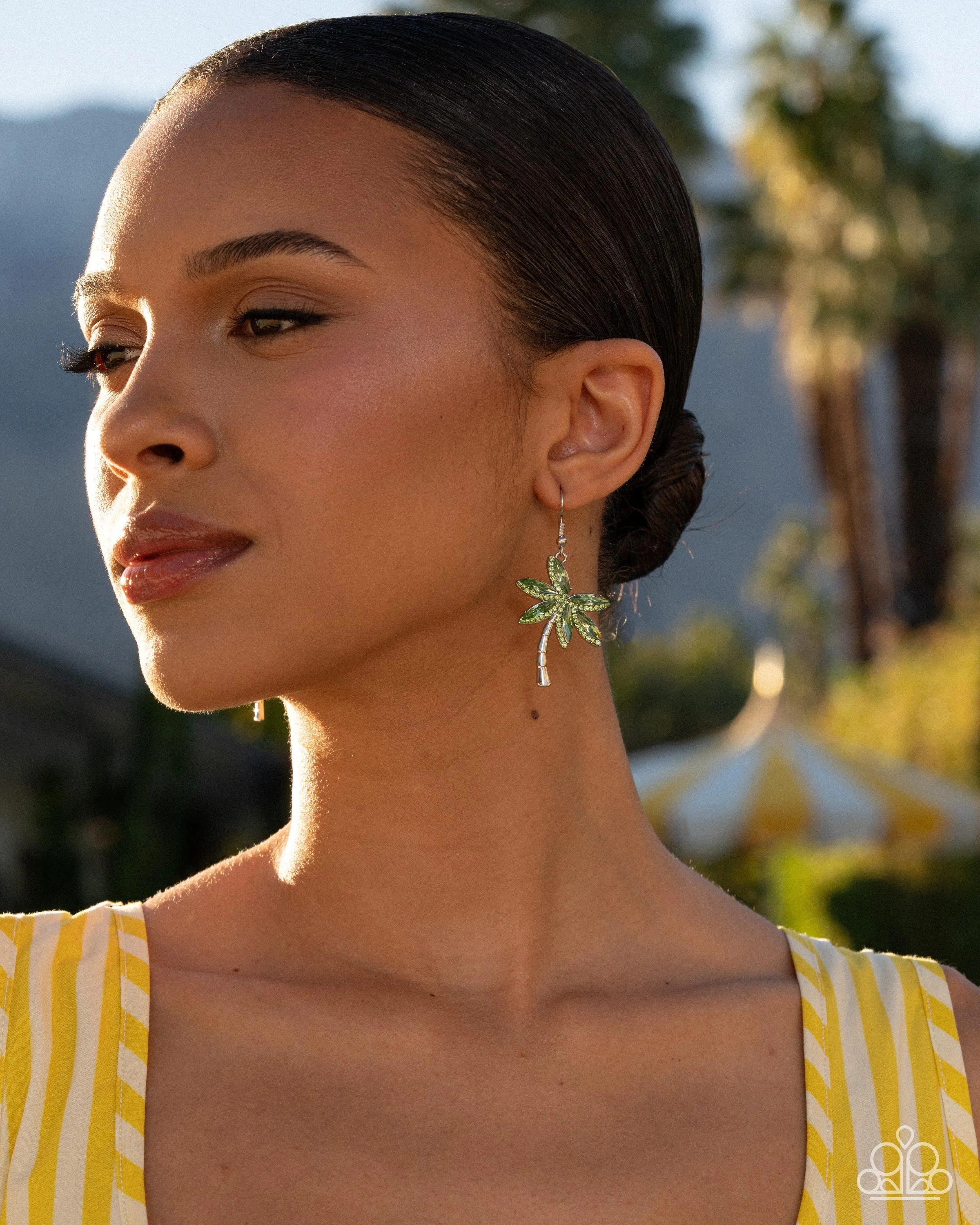 Palm Tree Party-Glistening Green and Marquise-Cut Rhinestone, Silver Colored Palm Tree Earrings