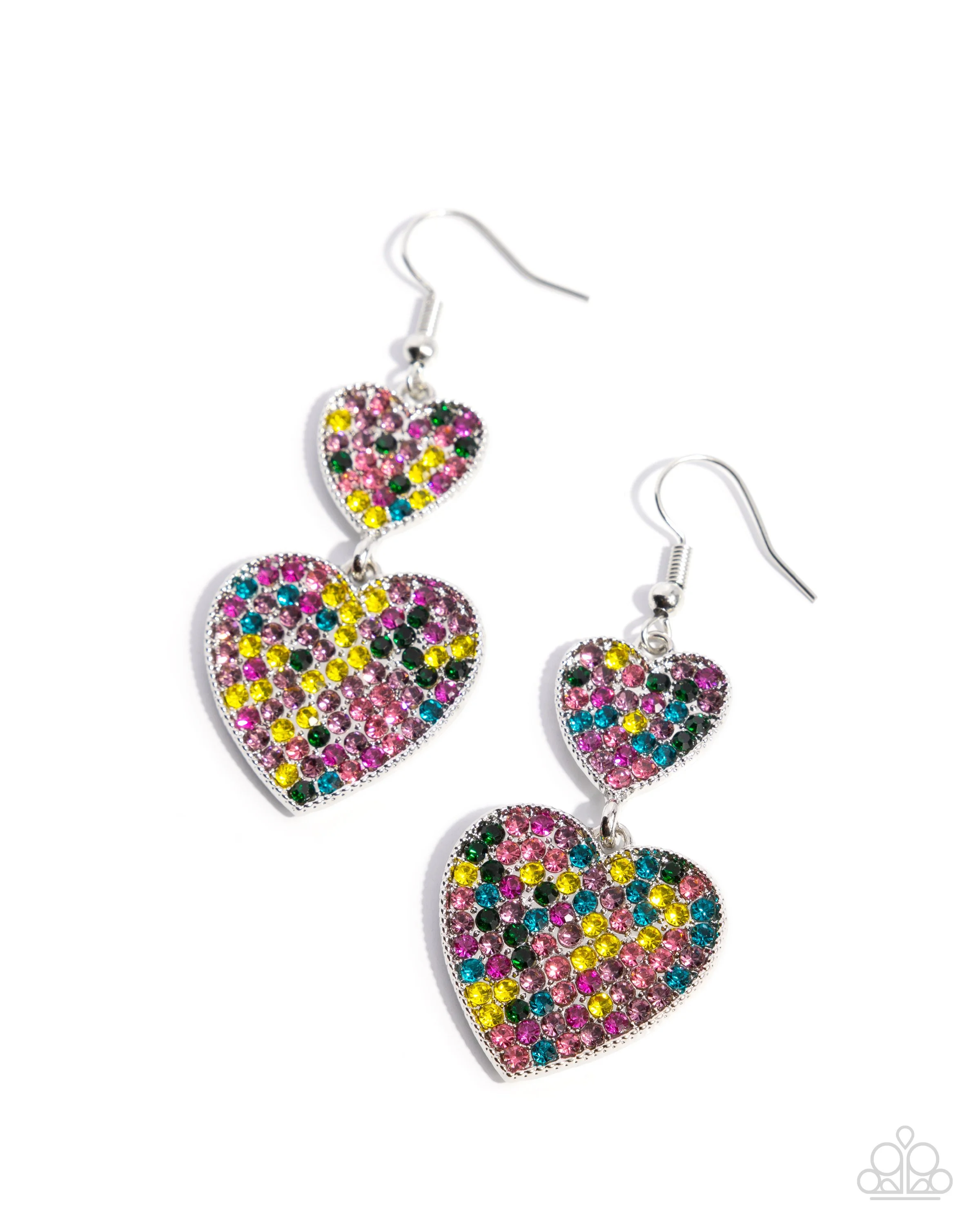 You Make My Heart Glow-Multicolored Rhinestone, Double-Shaped, Silver Colored Heart-Shaped Earrings