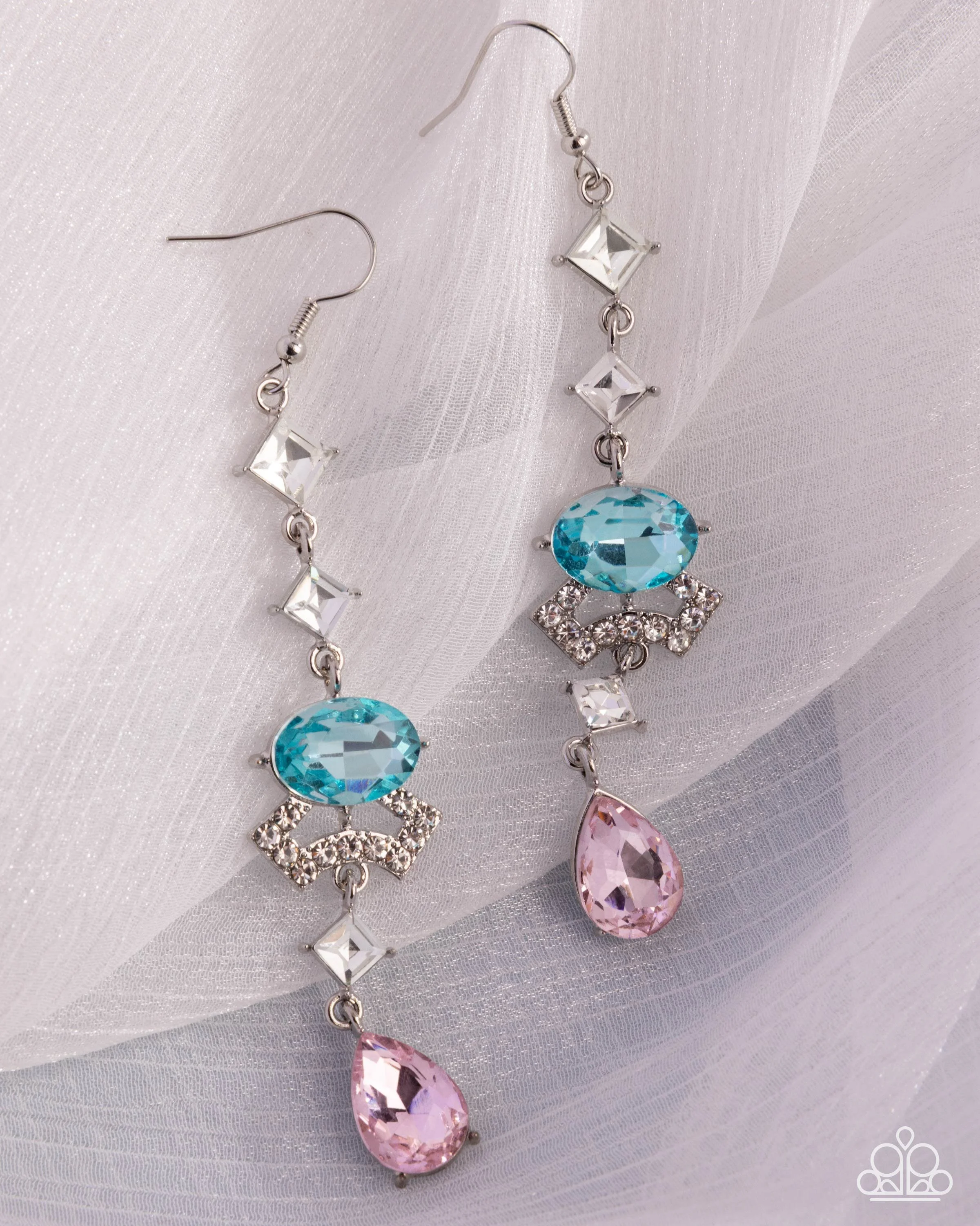 Unmatched Shimmer-Aqua Blue, Pink, and White Rhinestone, Silver Colored Linear Earrings