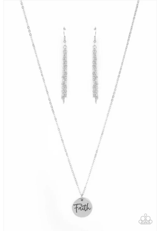Choose Faith-Silver Colored Necklace with Round Pendant with the word "Faith" Inscribed with Silver Colored Chain Earrings