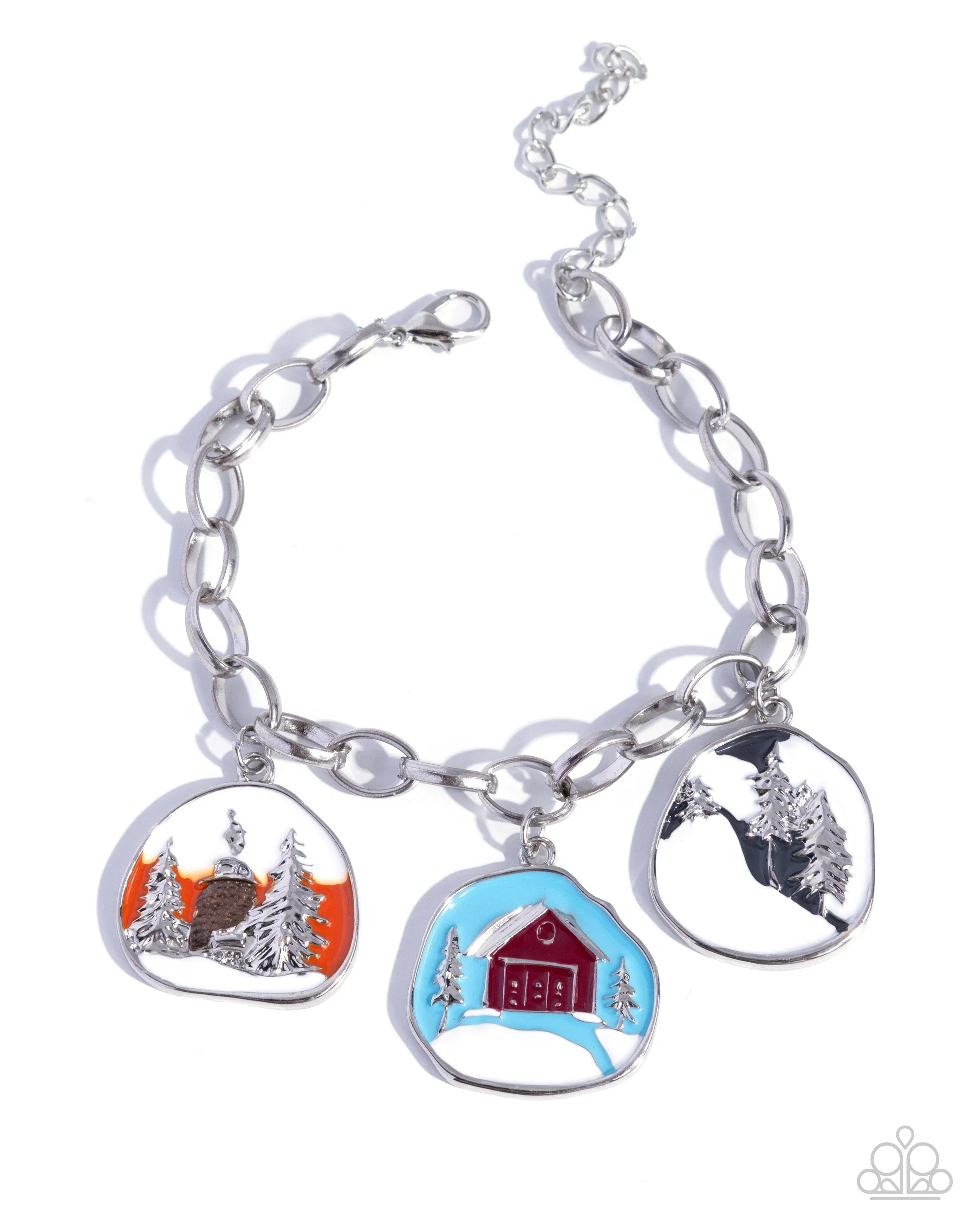 Cabin Chic-Multicolored Painted Picturesque Cabin-Inspired, Silver Colored Charm Bracelet with a Clasp Closure & Extender